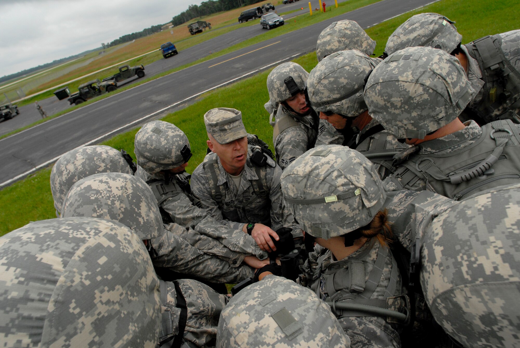 Master Sgt. Kent Falstad, 115th Security Forces Squadron First Sergeant, rallies the troops prior to a training exercise at Volk Field Combat Readiness Training Center, Wis., June 14, 2010. The 115th SFS participated in a week long combat exercise as part of yearly training. (U.S. Air Force photo by Tech Sgt. Ashley Bell)