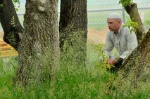Master Sgt. Douglas Dobbs, 115th Security Forces Squadron Squad Leader, participates in the role of an insurgent at Volk Field Combat Readiness Training Center, Wis., June 14, 2010. Security Forces conducted a search of a mock village for a person of interest, while preserving the peace in a hostile environment. (U.S. Air Force photo by Tech Sgt. Ashley Bell)