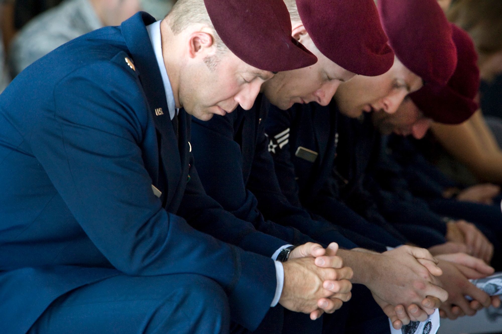 NELLIS AIR FORCE BASE, Nev. -- Follow  U.S. Air Force pararescuemen pay their final respects to 1st Lt. Joel Gentz, 25, a combat rescue officer assigned to the 58th Rescue Squadron; and Staff Sgt. David Smith, 26, a helicopter flight engineer assigned to the 66th Rescue Squadron during a memorial ceremony at Nellis Air Force Base June 18.  The two were among four Airmen killed and three wounded when an HH-60G Pave Hawk helicopter crashed during a medevac mission in southeastern Afghanistan June 9. (U.S. Air Force Photo / Lawrence Crespo)