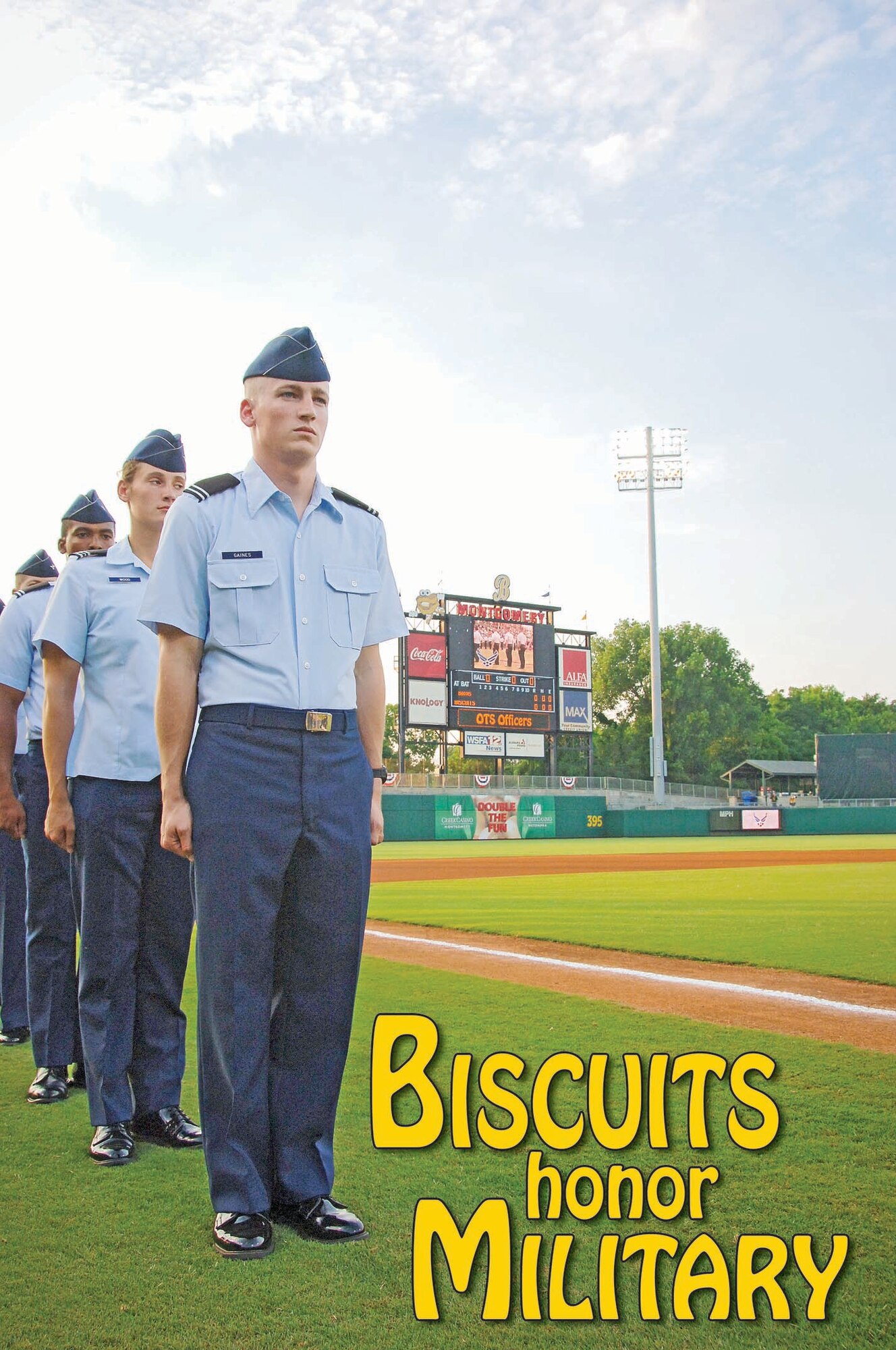 The Montgomery Biscuits honored all military servicemembers on Military Appreciation Night on June 12. 

Representatives from each branch of the military were on hand to provide information and participate in pre-game events. These included the lining up of Officer Training School cadets along the first and third baselines, the swearing in of Air Force recruits by Lt. Gen. Allen Peck, Air University commander, the presenting of colors by the Maxwell-Gunter Honor Guard and ceremonial first pitches by representatives of the military community. (U.S. Air Force/Donna Burnett)