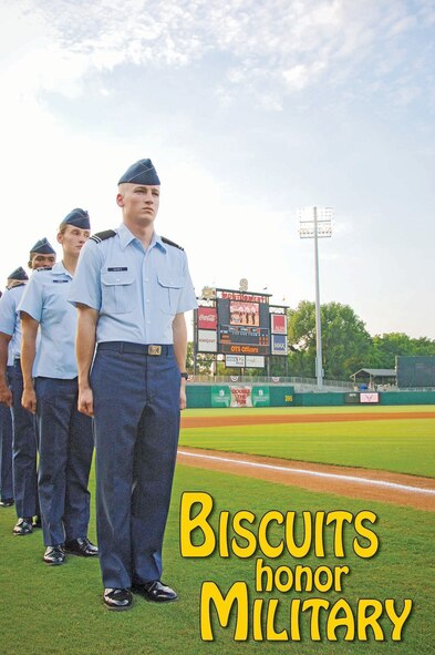 The Montgomery Biscuits honored all military servicemembers on Military Appreciation Night on June 12. 

Representatives from each branch of the military were on hand to provide information and participate in pre-game events. These included the lining up of Officer Training School cadets along the first and third baselines, the swearing in of Air Force recruits by Lt. Gen. Allen Peck, Air University commander, the presenting of colors by the Maxwell-Gunter Honor Guard and ceremonial first pitches by representatives of the military community. (U.S. Air Force/Donna Burnett)
