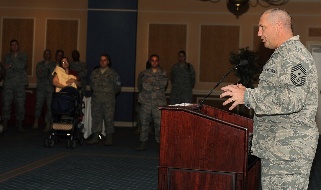 LANGLEY AIR FORCE BASE, Va. -- Chief Master Sgt. Scott Dearduff, command chief for the 9th Air Force and U.S. Air Forces Central Command, speaks to Team Langley during the technical sergeant-select promotion at the Bayside Enlisted Club June 17. More than 166 staff sergeants from Team Langley came together to celebrate notification of their promotion to E-6. (U.S. Air Force photo/Senior Airman Gul Crockett)