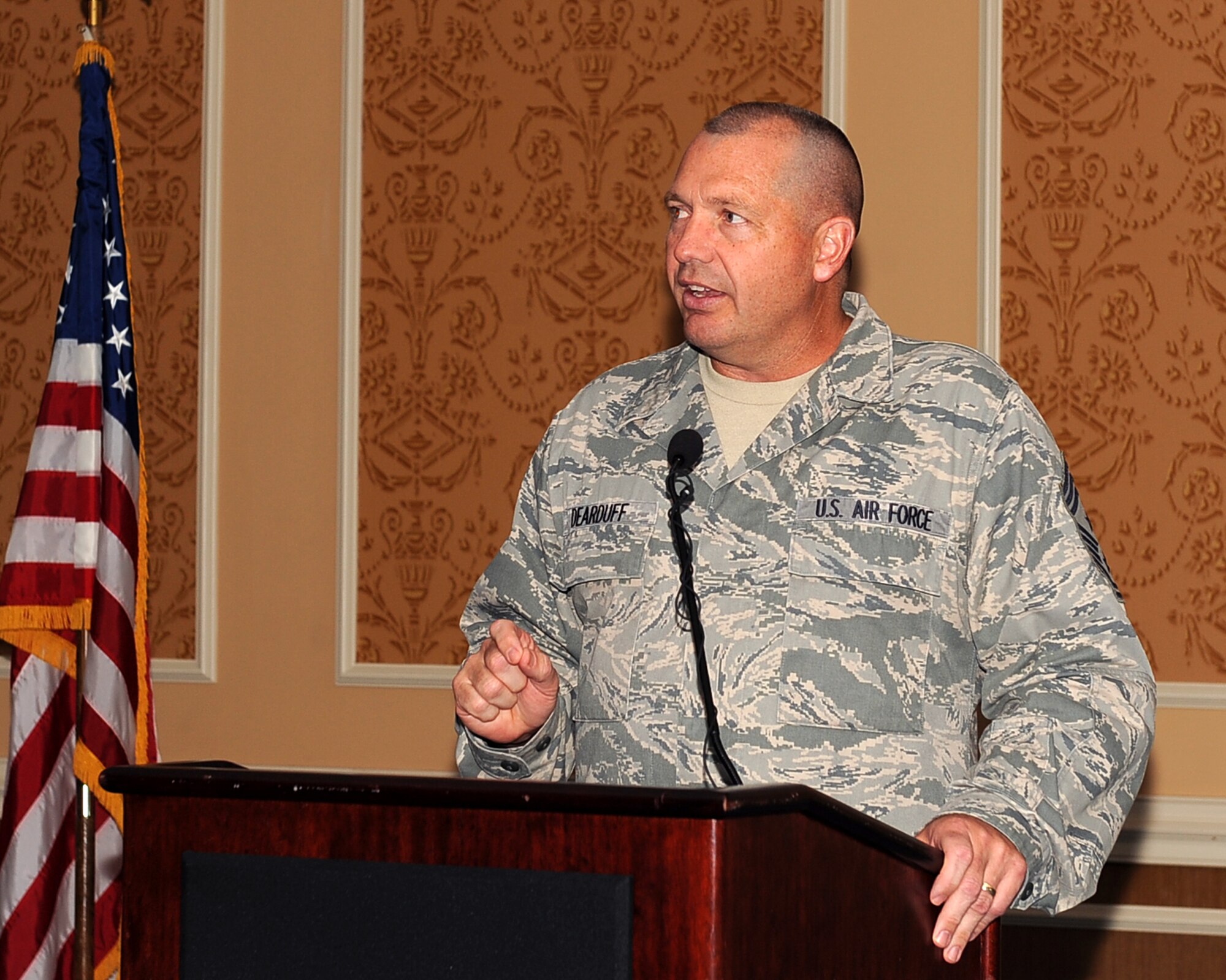 LANGLEY AIR FORCE BASE, Va. -- Chief Master Sgt. Scott Dearduff, command chief for the 9th Air Force and U.S. Air Forces Central Command, speaks to Team Langley during the technical sergeant-select promotion at the Bayside Enlisted Club June 17. More than 166 staff sergeants from Team Langley came together to celebrate notification of their promotion to E-6. (U.S. Air Force photo/Senior Airman Gul Crockett)