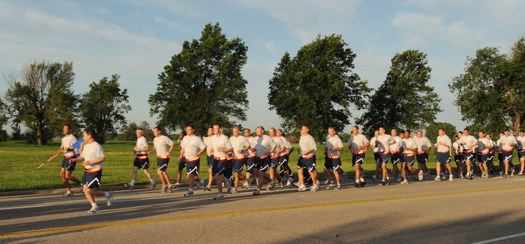 The 22nd Maintenance Squadron runs in formation during the wing run June 17, 2010, McConnell Air Force Base, Kan. The wing ran approximately 2 miles at a 10 minute pace through the base.  All wing squadrons participated in the run to boost morale and foster esprit de corps. (U.S. Air Force photo/ Senior Airman Maria Ruiz)