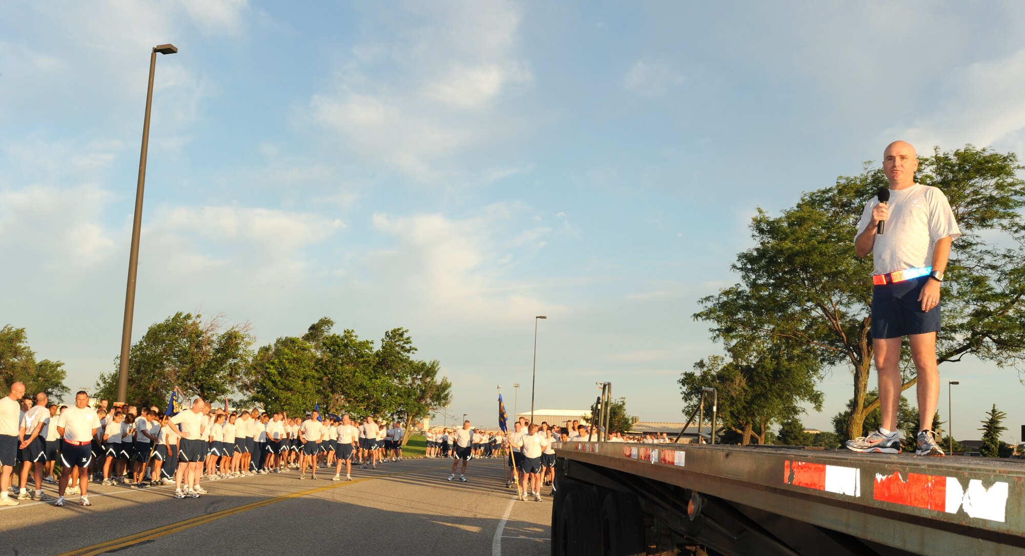 Chief Master Sgt. Michael Edwards, 22nd Air Refueling Wing command chief, speaks for the first time to Team McConnell as the new 22nd Air Refueling Wing command chief before a wing formation run June 17, 2010, McConnell Air Force Base, Kan.  As command chief, he will serve on the wing commander’s staff to advise and assist in matters concerning the 2,850 enlisted members of McConnell. (U.S. Air Force photo/ Senior Airman Maria Ruiz)