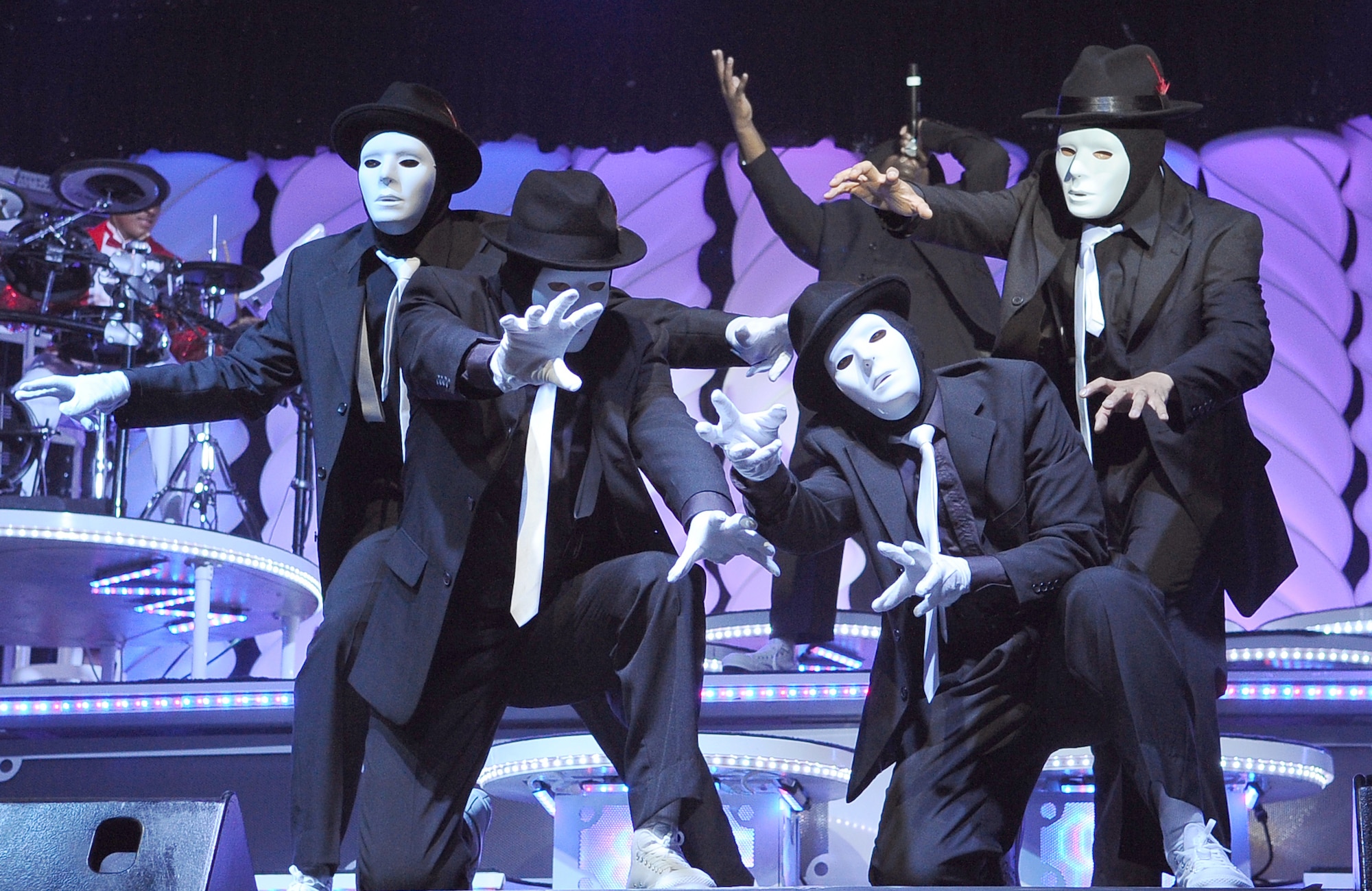 BARKSDALE AIR FORCE BASE, La. -- Air Force Tops in Blue performers dance to several beat-boxed hits by Michael Jackson during the Tops in Blue concert at Hoban Hall June 15. The 2010 tour entitled, "We Believe" featured several rhythm and blues artist covers, swing by Michael Buble, hits by Lady Gaga, Black Eyed Peas and others. Every year, Tops in Blue travels throughout the United States and to more than 25 countries to enhance morale among military personnel and their families. (U.S. Air Force photo/Senior Airman Amber Ashcraft) (RELEASED)