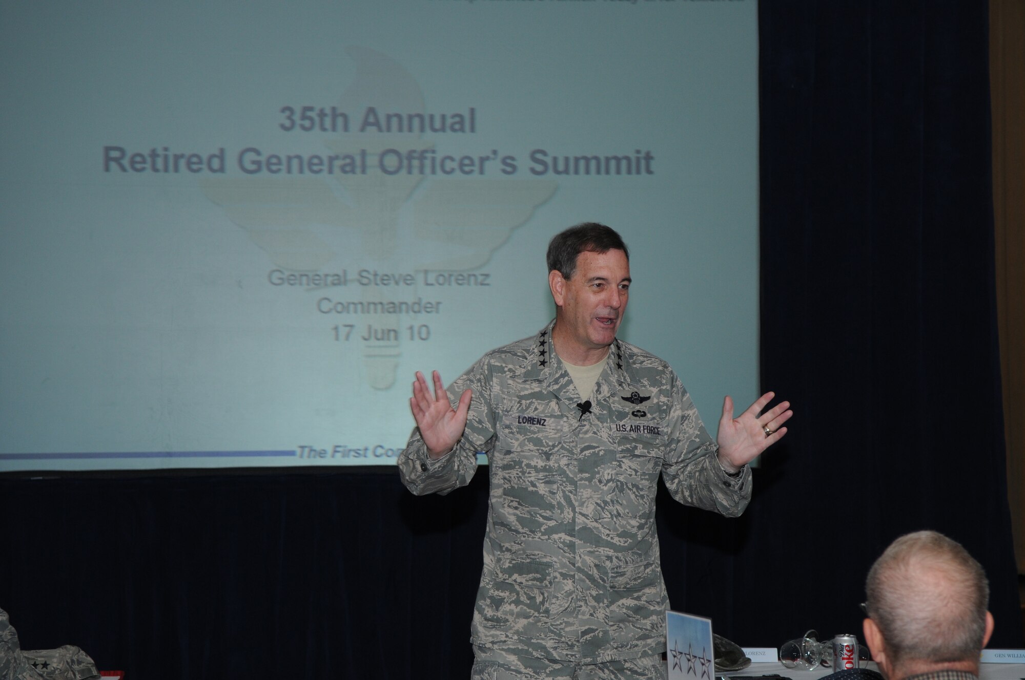 Gen Stephen Lorenz, Air Education and Training Command commander, provides opening comments during the 35th annual Retired General Officer Summit.  Ninety-three retired Air Force generals met June 17 at Randolph Air Force Base to learn about current Air Force training and education. (U.S. Air Force photo by Rich McFadden)