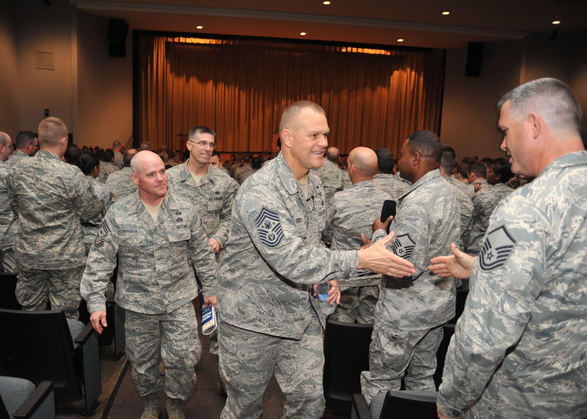 Chief Master Sgt. of the Air Force James A. Roy meets with enlisted Airmen following an enlisted call in the base theater at Wright-Patterson Air Force Base, Ohio, June 10. (Air Force photo by Tech. Sgt. Brendan Kavanaugh)