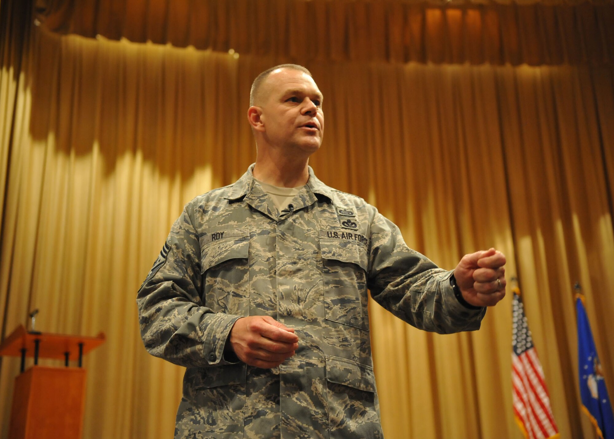 Chief Master Sgt. of the Air Force James A. Roy discusses force development with fellow Airmen in the base theater during his visit to Wright-Patterson Air Force Base, Ohio, June 11. (U.S. Air Force photo by Tech. Sgt. Brendan Kavanaugh)