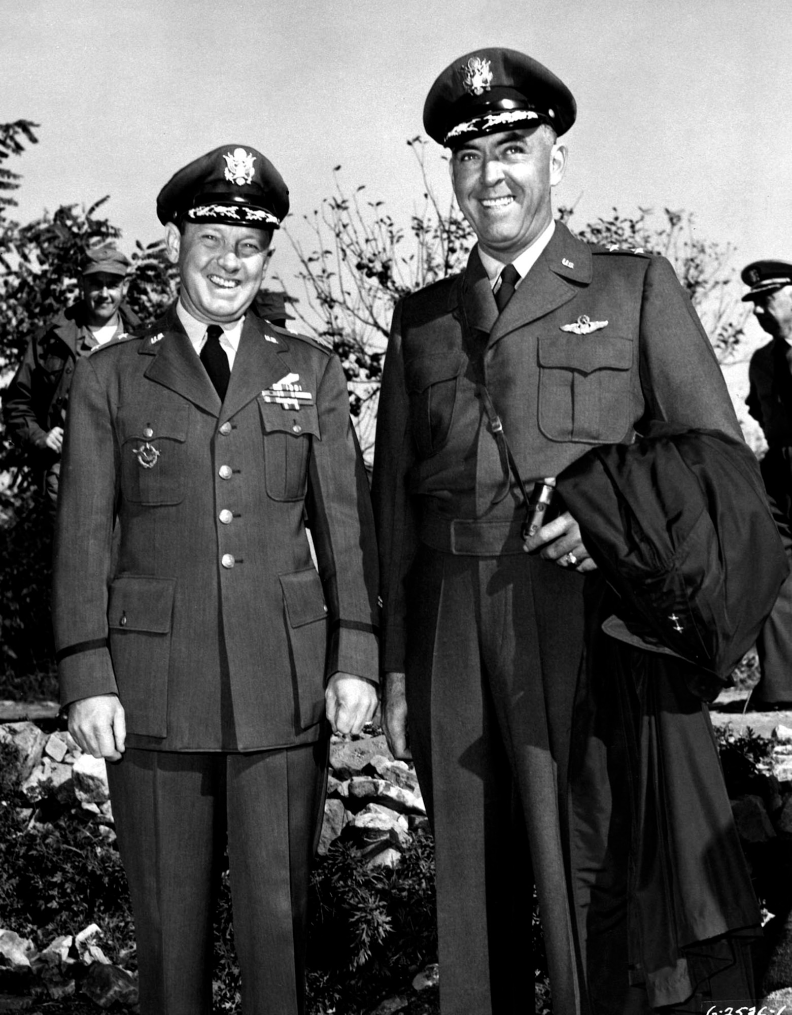The Air Force provided high-level delegates to the armistice process. USAF Maj. Gen. Laurence Craigie (left) with his successor as Senior UN Command delegate to the armistice negotiations in Korea, Maj. Gen. Howard Turner. (U.S. Air Force photo)