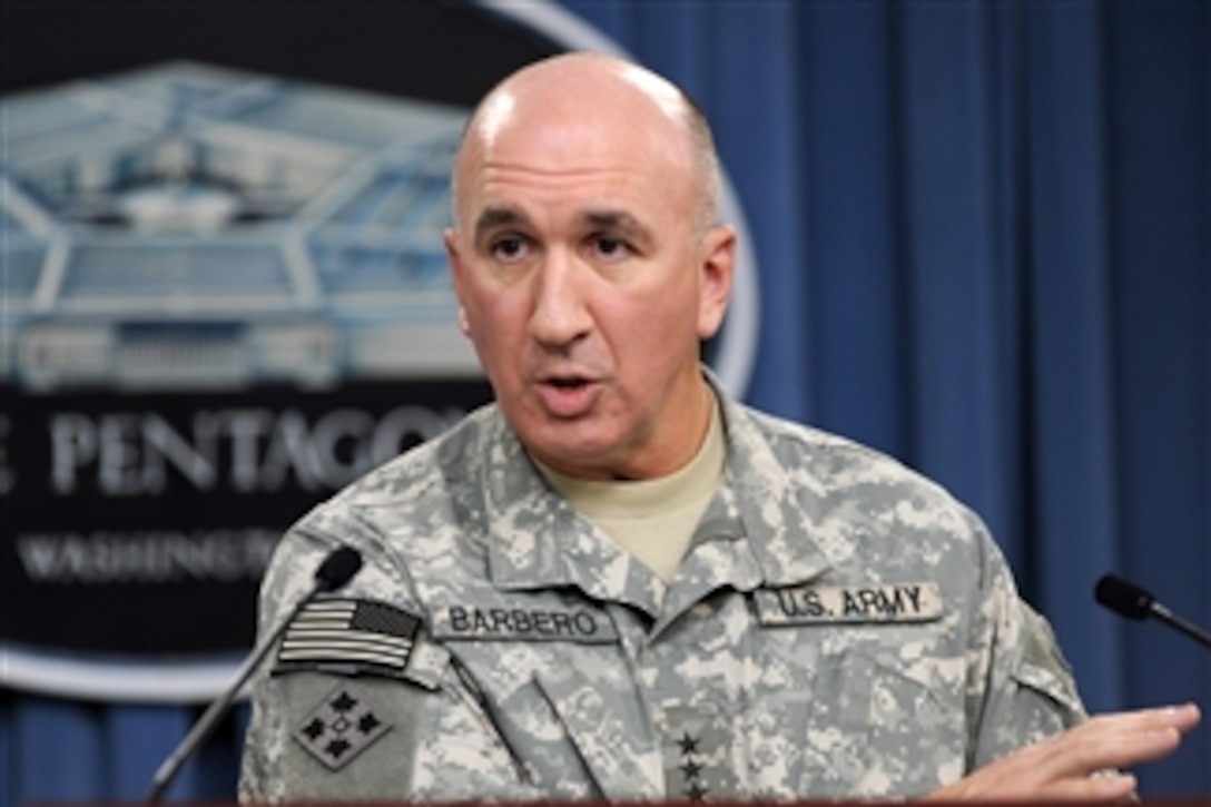 Lt. Gen. Michael D. Barbero, the Army official responsible for training the Iraqi armed forces and police, conducts a press briefing in the Pentagon on June 18, 2010.  He discussed the readiness of the Iraqi forces to assume the full burden of providing their nation's security when the United States ceases combat operations in August.  