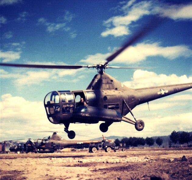A U.S. Air Force H-5 returns with a patient during the Korean War. (U.S. Air Force photo)