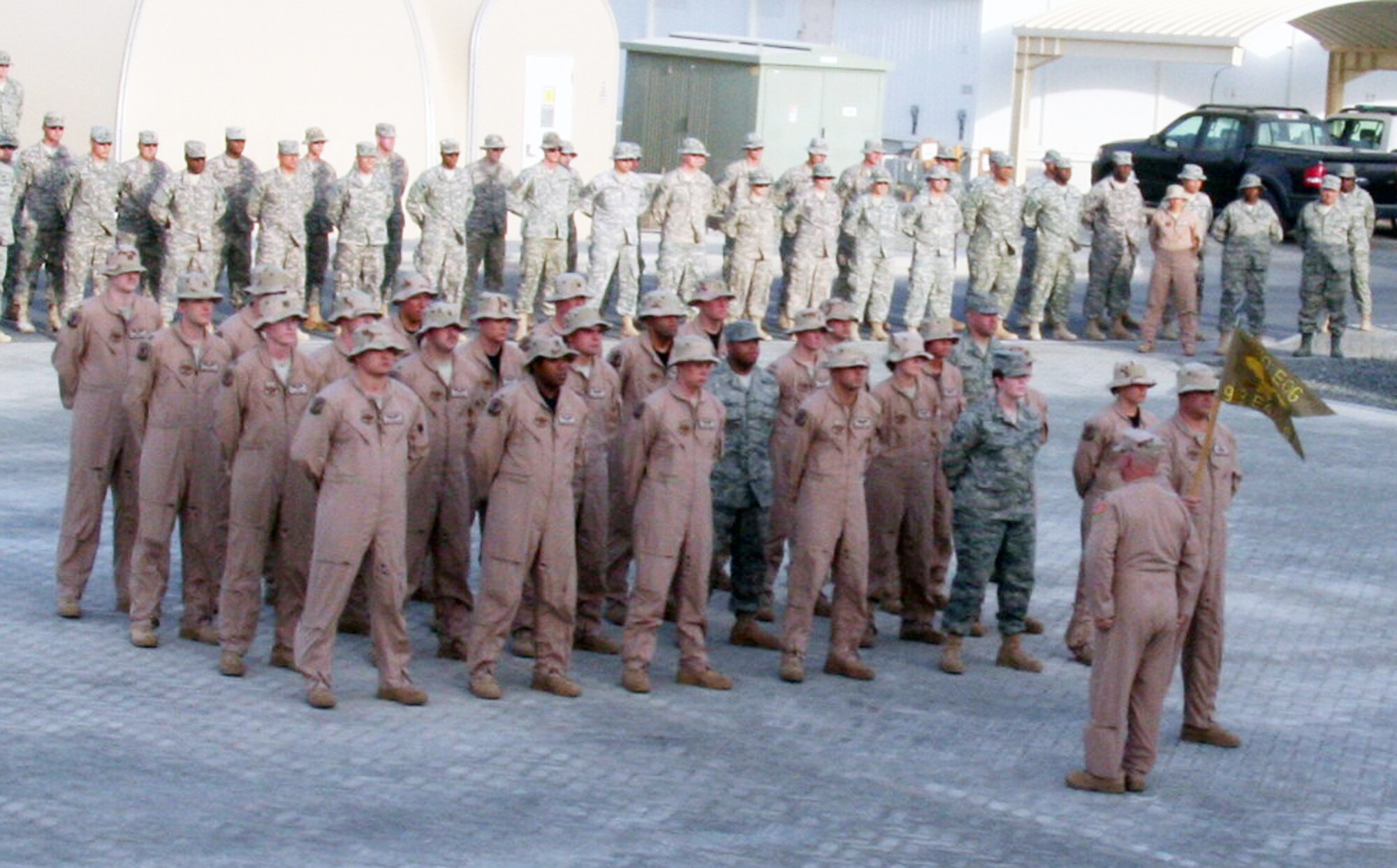Airmen from the 380th Air Expeditionary Wing participate in a wing-wide retreat ceremony at a non-disclosed base in Southwest Asia on June 11, 2010. Every week the 380th AEW holds a retreat ceremony to honor the American flag and as part of a military tradition. During the June 11 ceremony, the 963rd Expeditionary Airborne Air Control Squadron served as the lead unit in formation. Airmen in the unit are deployed from Tinker Air Force Base, Okla. The 380th AEW supports operations Iraqi Freedom and Enduring Freedom and the Combined Joint Task Force-Horn of Africa. (U.S. Air Force Photo/Master Sgt. Scott T. Sturkol/Released)