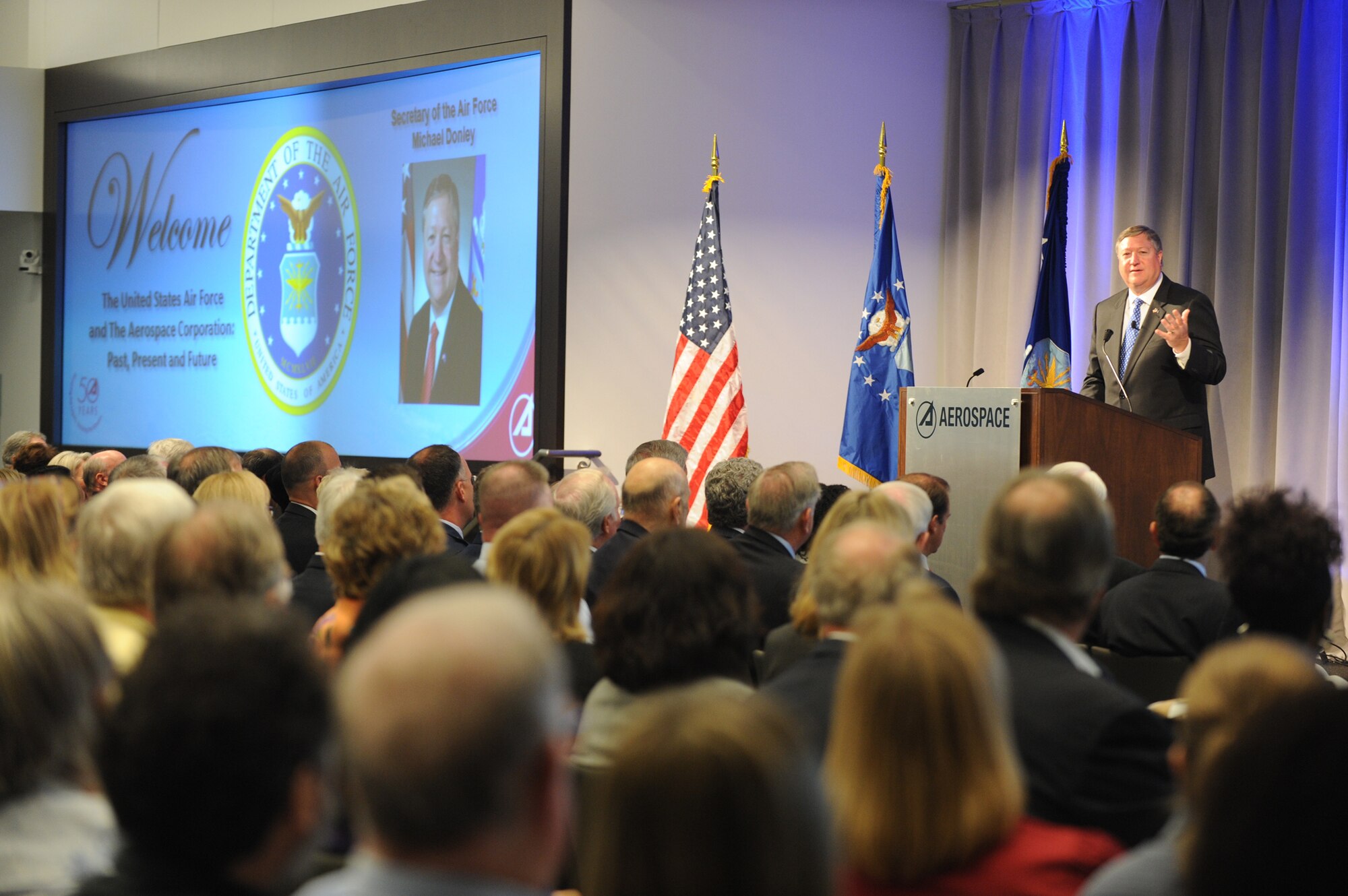 Secretary of the Air Force Michael Donley speaks at the 50th Anniversary celebration of The Aerospace Corporation, June 7. (Photo by Joe Juarez)