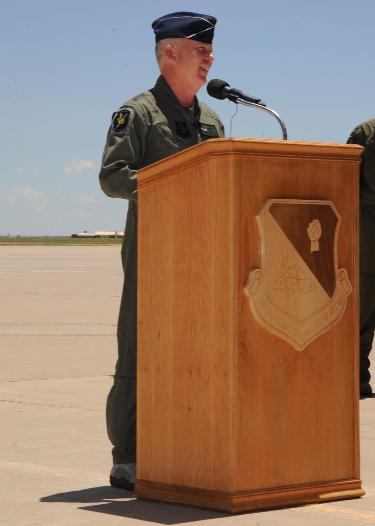 Lt. Gen. Donald Wurster, commander of the Air Force Special Operations Command, addresses an audience at Cannon Air Force Base, N.M., shortly after the official arrival of a CV-22 Osprey June 18. The aircraft is one of an expected 15 that will be assigned to the 20th Special Operations Squadron here. (U.S. Air Force photo by Senior Airman Evelyn Chavez) 