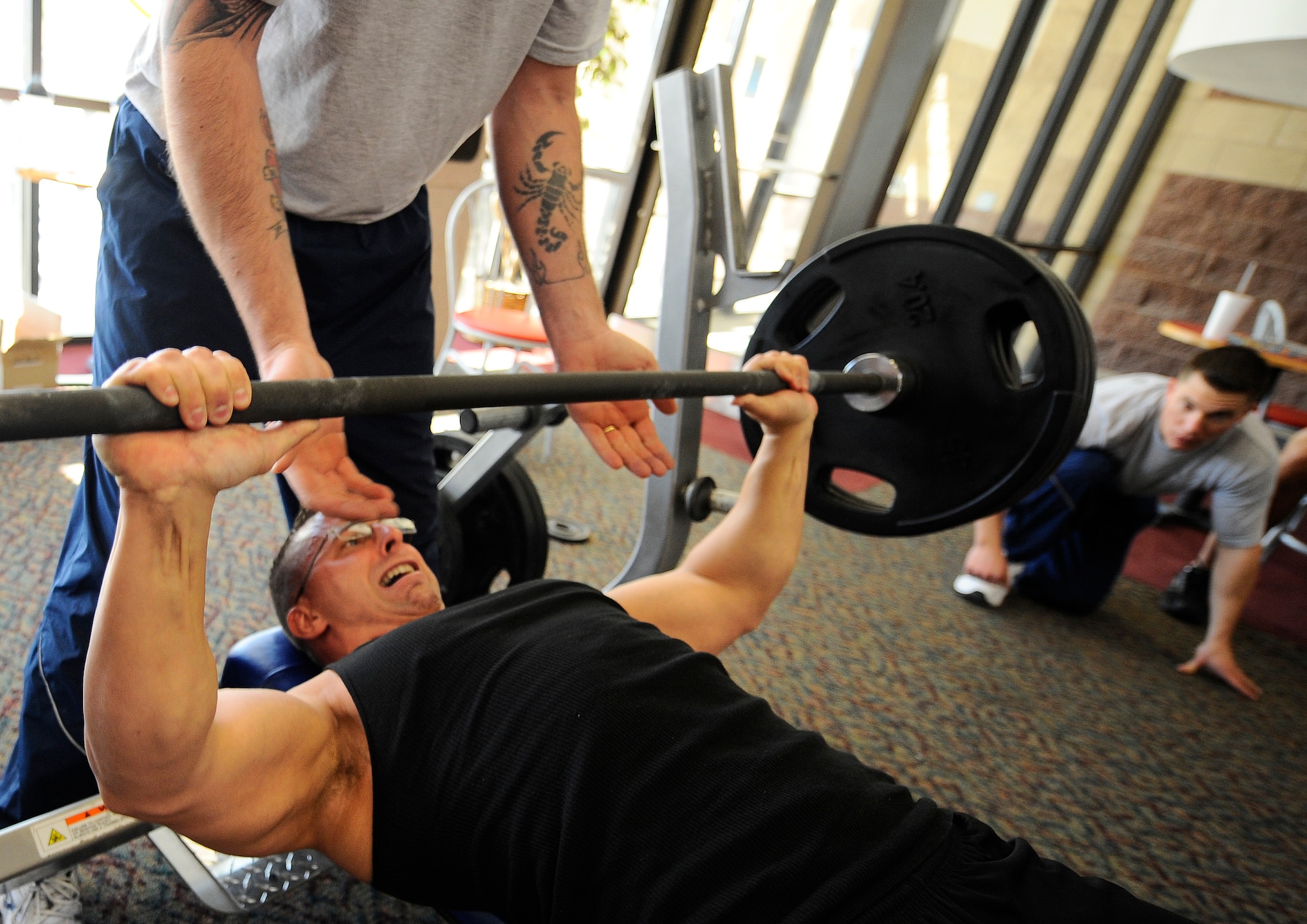 HOLLOMAN AIR FORCE BASE, N.M. -- Staff Sgt. Michael Blackwelder, 49th Maintenance Squadron, performs a bench press during a Powerlifting Competition at the Domenici Fitness and Sports Center June 11, 2010. Sergeant Blackwelder, weighing in at 183 pounds, took first place in the 165 to 185 weight class in all three categories, lifting more than six times his body weight. (U.S. Air Force photo by Airman 1st Class Veronica Stamps / Released)