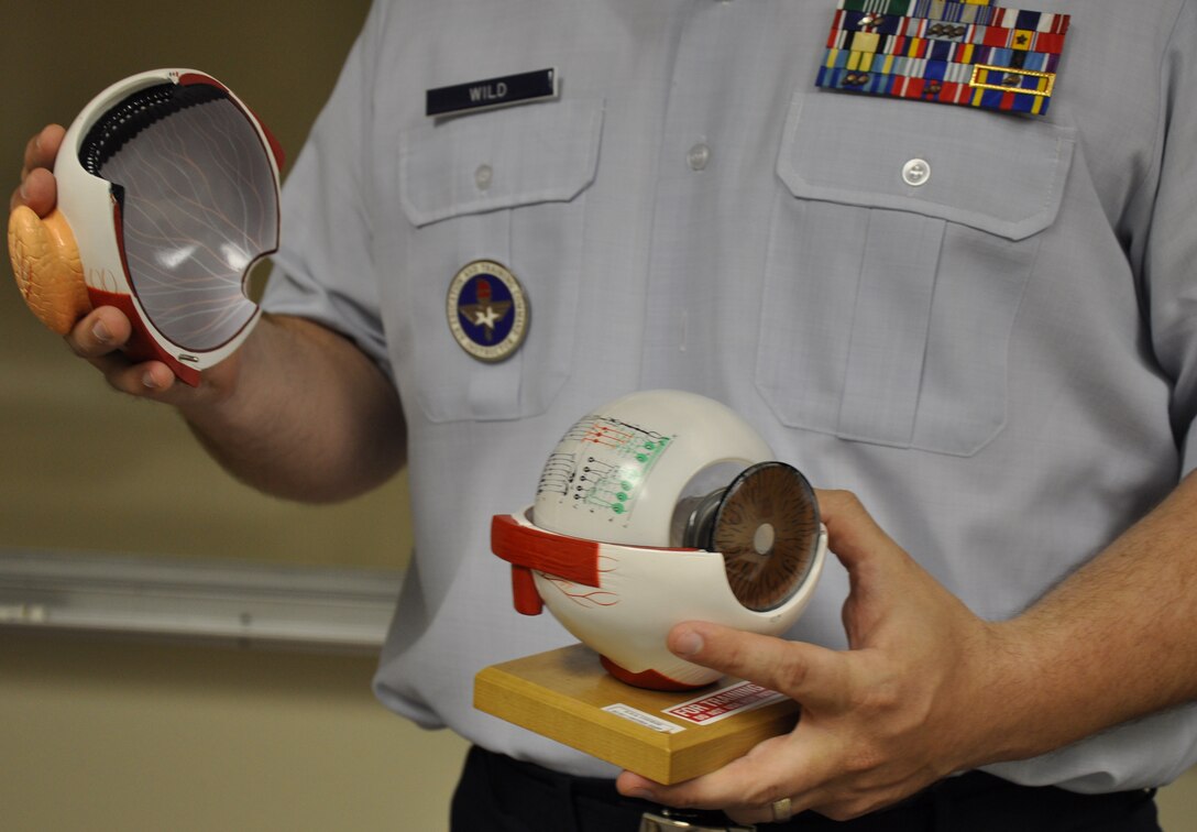 Master Sgt. Michael Wild, 383rd Training Squadron instructor, explains the anatomy and physiology of the human eyeball. Optometry and ophthalmology technicians must learn how the eye functions to treat it when something goes wrong. (U.S. Air Force photo/Airman 1st Class Valerie Hosea)