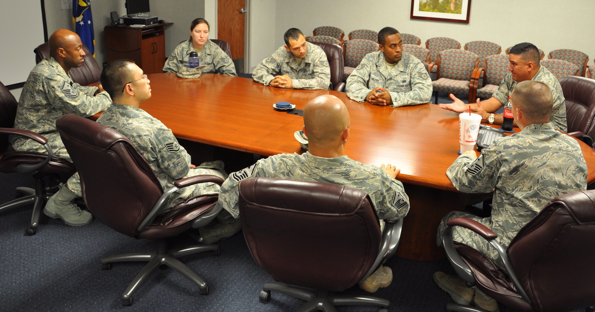 LAUGHLIN AIR FORCE BASE, Texas – A group of Laughlin first sergeants advises enlisted personnel who were recently promoted to technical sergeant about what will be expected from them and what they can expect once their promotion is complete. A total of six Laughlin members were promoted to technical sergeant. (U.S. Air Force photo by Airman 1st Class Blake Mize) 