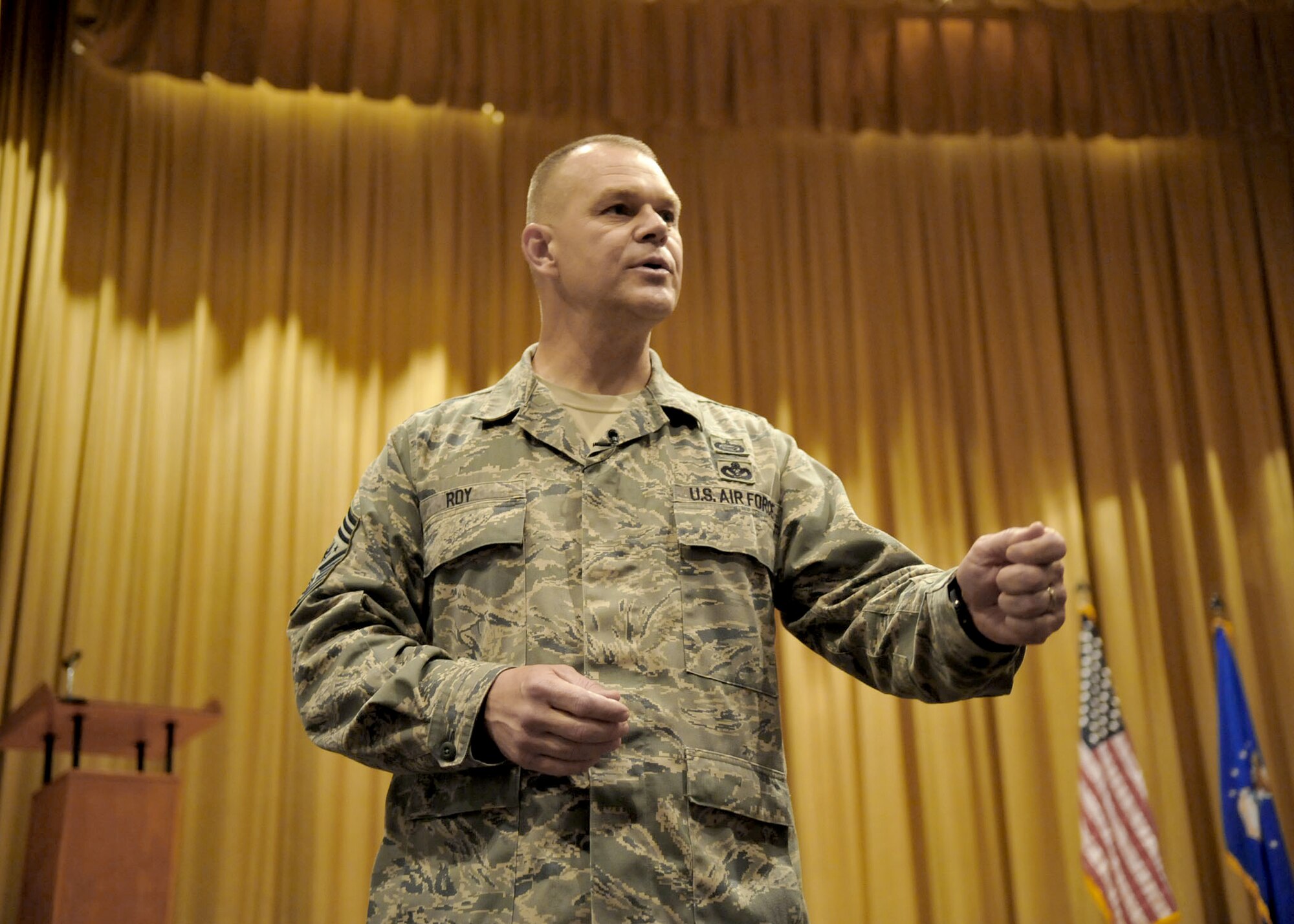Chief Master Sgt. of the Air Force James A. Roy discusses force development with fellow Airmen in the base theater during his visit June 11, 2010, to Wright-Patterson Air Force Base, Ohio. (U.S. Air Force photo/Tech. Sgt. Brendan Kavanaugh)