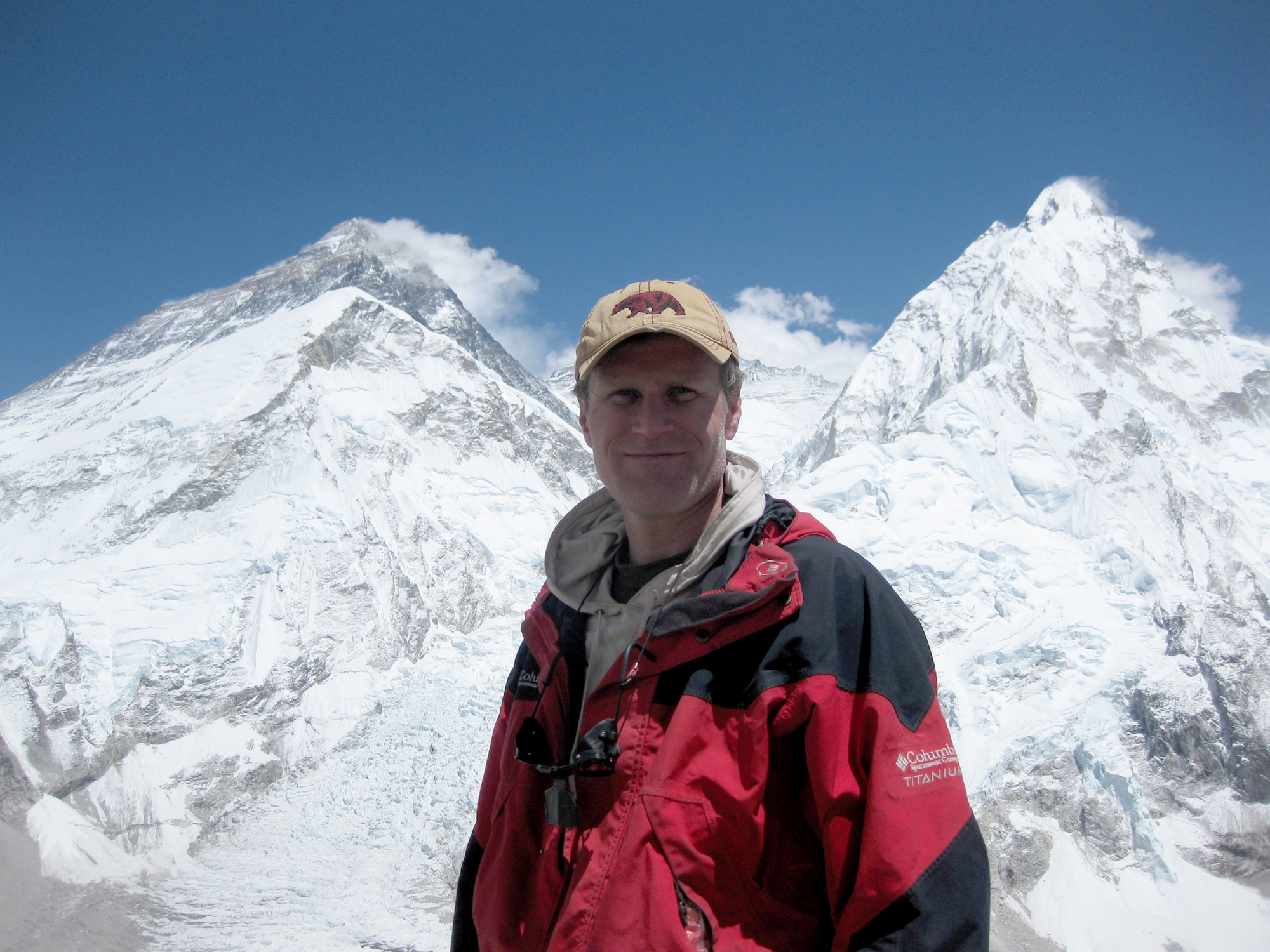 Lt. Col. Peter Solie acclimates while standing at Mount Pumori Advanced Base Camp with the Mount Everest summit pyramid over his left shoulder May 17, 2010, in Nepal. Colonel Solie reached the summit May 17. Colonel Solie is the Air Force Space Command Space Safety Division chief. (Courtesy photo) 