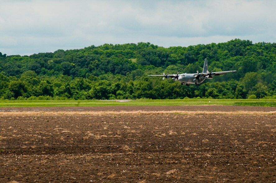 A C-130 uses an alternate runway to land as the 241st Air Traffic Control Squadron, 139th Airlift Wing, Missouri Air National Guard, St. Joseph, conduts an Operational Readiness Inspection (ORI) on Saturday, June 12, 2010.  The squadron has been preparing for the ORI for over four months.  (U.S. Air Force photo by MSgt. Shannon Bond/Released)