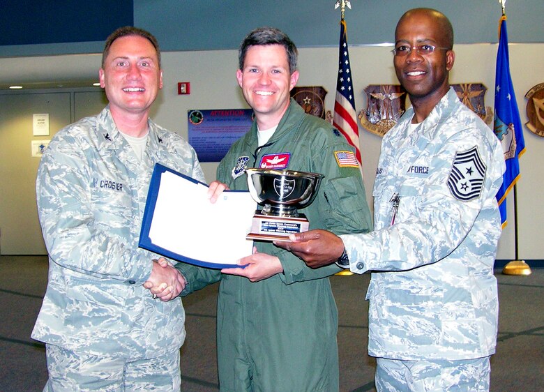 SCHRIEVER AIR FORCE BASE, Colo. – Col. Clint Crosier, 460th Space Wing commander, Lt. Col. Shawn Fairhurst, 11th Space Warning Squadron commander, and Chief Master Sgt. Robert Ellis, 460th Space Wing command chief, pose with the Gen. Seth J. McKee trophy June 1. The 11th SWS took home the trophy after being named the space warning squadron in Air Force Space Command for the first time since the unit’s founding in 1994 and reactivation in 2007. (U.S. Air Force photo)