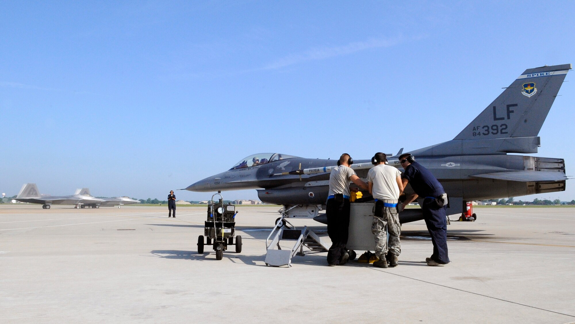 LANGLEY AIR FORCE BASE, Va. -- F-16 Fighting Falcons from the 62d Fighter Squadron prepare to launch June 10. The squadron is visiting from Luke AFB, Ariz., to provide adversary support, or “red air,” for the 1st Fighter Wing’s F-22 Raptor pilots. (U.S. Air Force photo/Senior Airman Dana Hill)