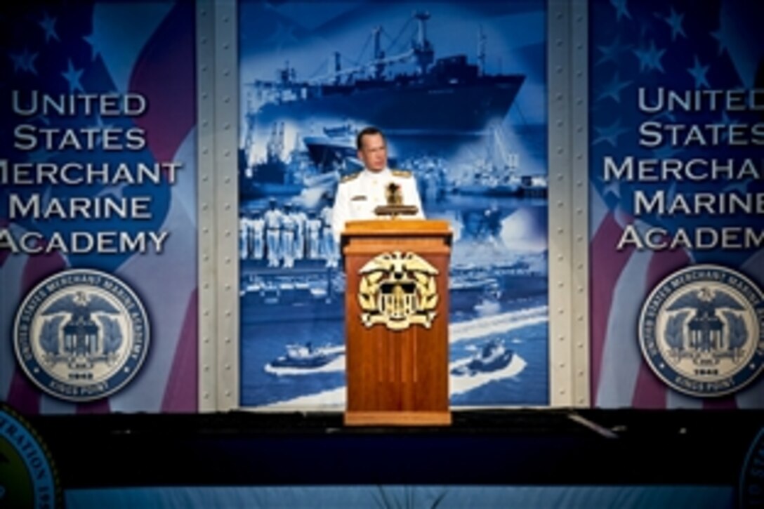 Navy Adm. Mike Mullen, chairman of the Joint Chiefs of Staff, addresses graduates at the 74th commencement exercises at the U.S. Merchant Marine Academy in Kings Point, N.Y., June 21, 2010.