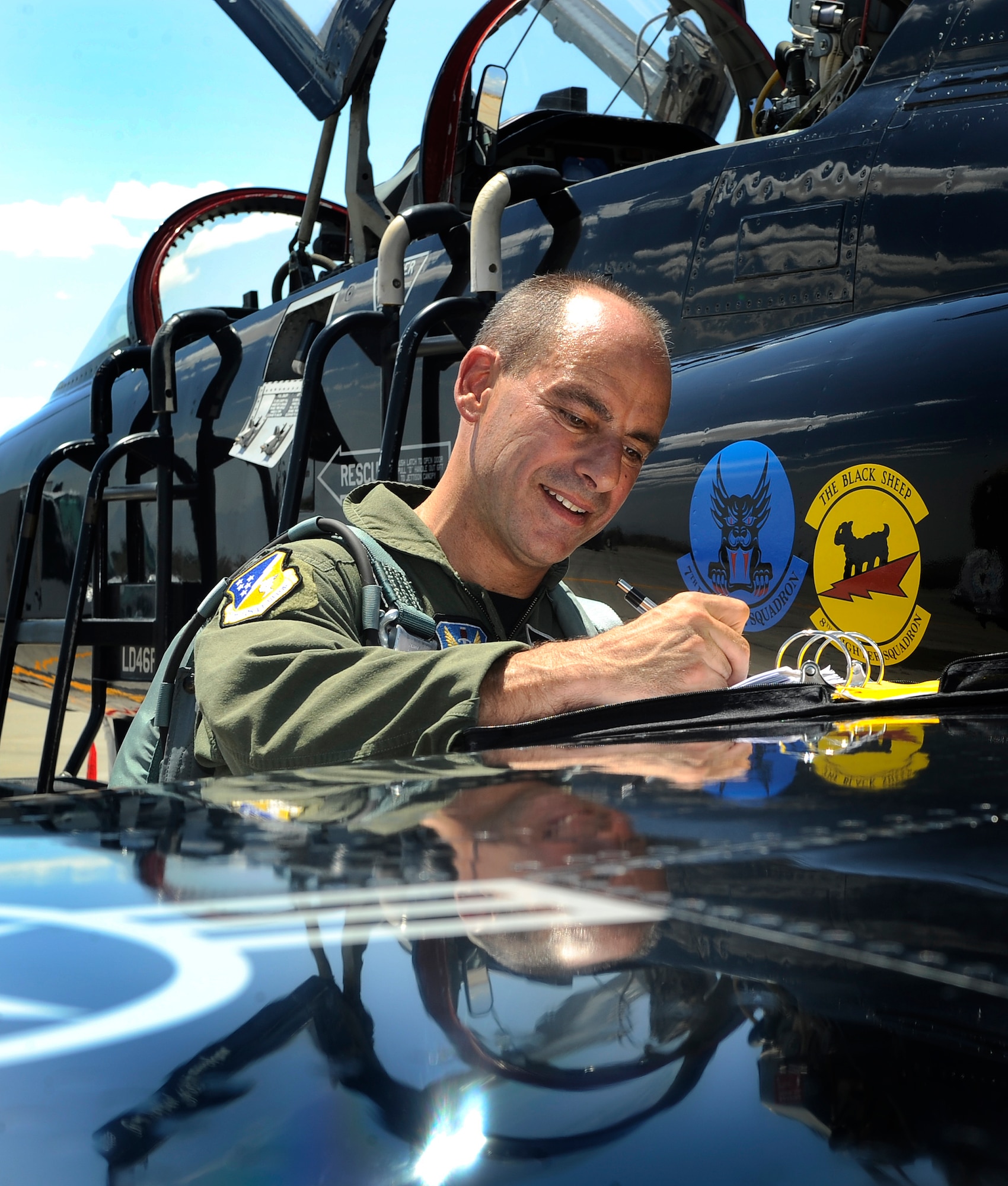 HOLLOMAN AIR FORCE BASE, N.M. -- Col. Jeff Harrigian signs a flight log, June 21, 2010, after his final flight in a T-38 Talon as the 49th Fighter Wing commander. Colonel Harrigian is a command pilot who has flown the F-22 Raptor, F-15 Eagle, A-37 Dragonfly and MQ-1 Predator. (U.S. Air Force photo by Senior Airman Veronica Stamps / Released)