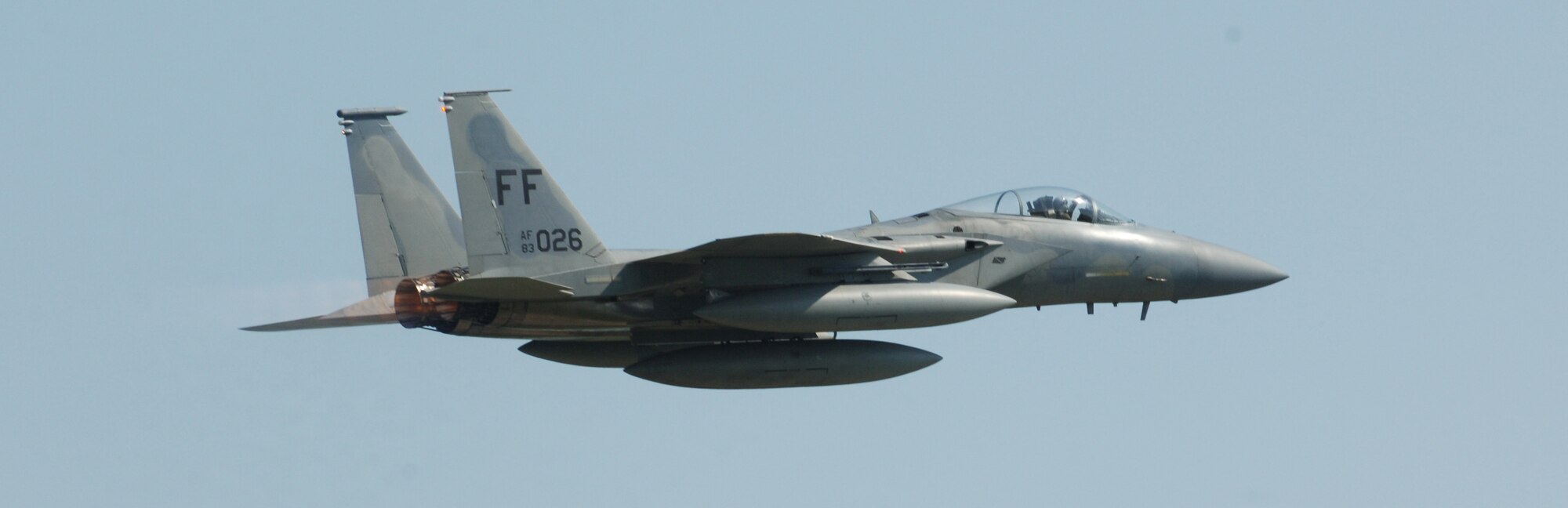 LANGLEY AIR FORCE BASE, Va. -- Capt. Brent Tittle, 71st Fighter Squadron pilot, takes off in F-15 Eagle tail number 83-026 June 21. Tittle delivered the aircraft to Nellis Air Force Base, Nev., one of the first two Eagles transferred to other units due the impending inactivation of the 71 FS. (U.S. Air Force photo/Airman 1st Class Jason J. Brown)