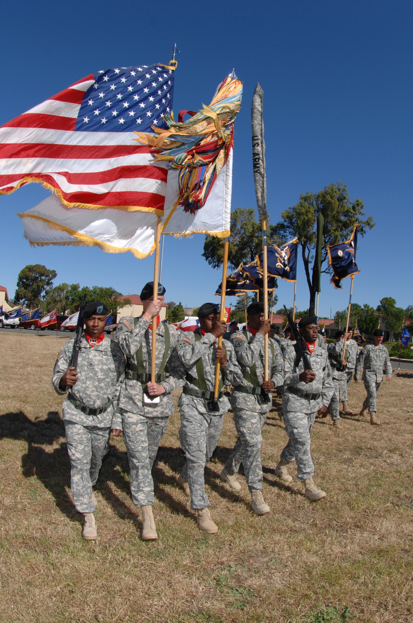 The 402nd Field Artillery Brigade Honor Guard departs with the 402nd colors encased. The ceremony, June 11, signified the brigade’s move from Travis Air Force Base to Fort Bliss, Texas effective Aug. 15.  (U.S. Air Force photo by Civ/Nan Wylie)

