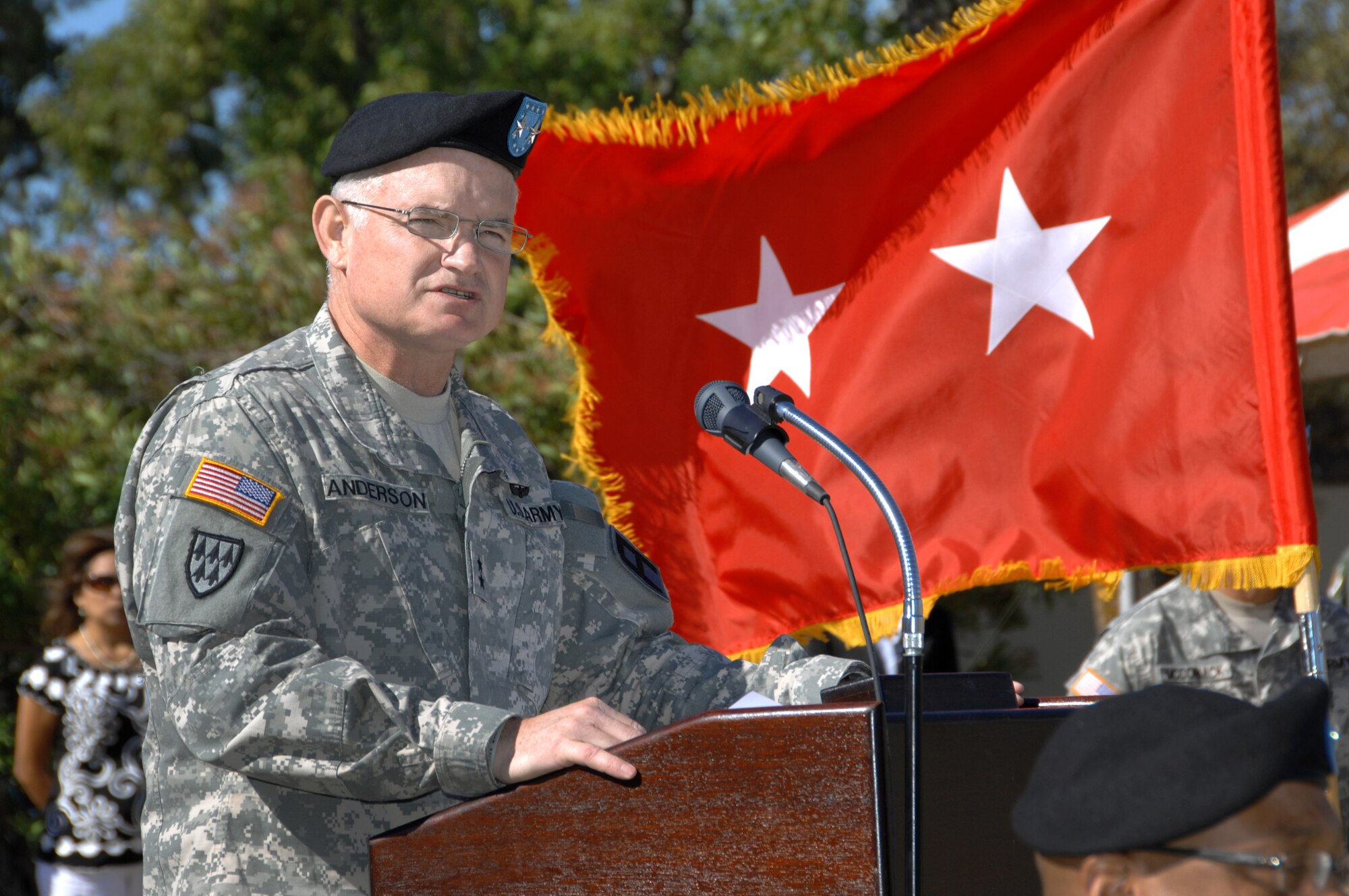 Division West Commander Maj. Gen. Charles Anderson addresses the Travis community and Soldiers gathered for the 402nd Field Artillery Brigade Casing Ceremony June 11.  (U.S. Air Force photo by Civ/Nan Wylie)