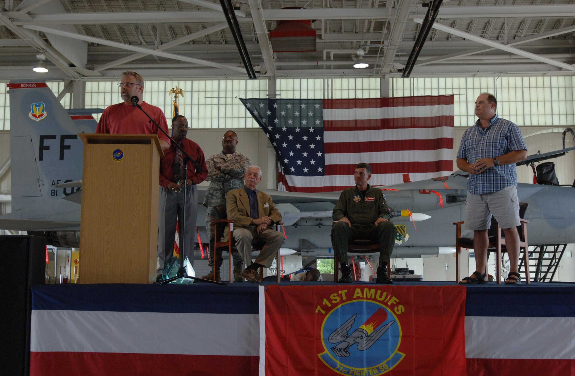 LANGLEY AIR FORCE BASE, Va. -- Former 71st Aircraft Maintenance Unit chief master sergeants address the audience at the 71 FS open house in the squadron hangar June 18. The festivities included awards presentations, free food and visits from distinguished alumni in celebration of the impending squadron inactivation. (U.S. Air Force photo/Airman 1st Class Jason J. Brown)