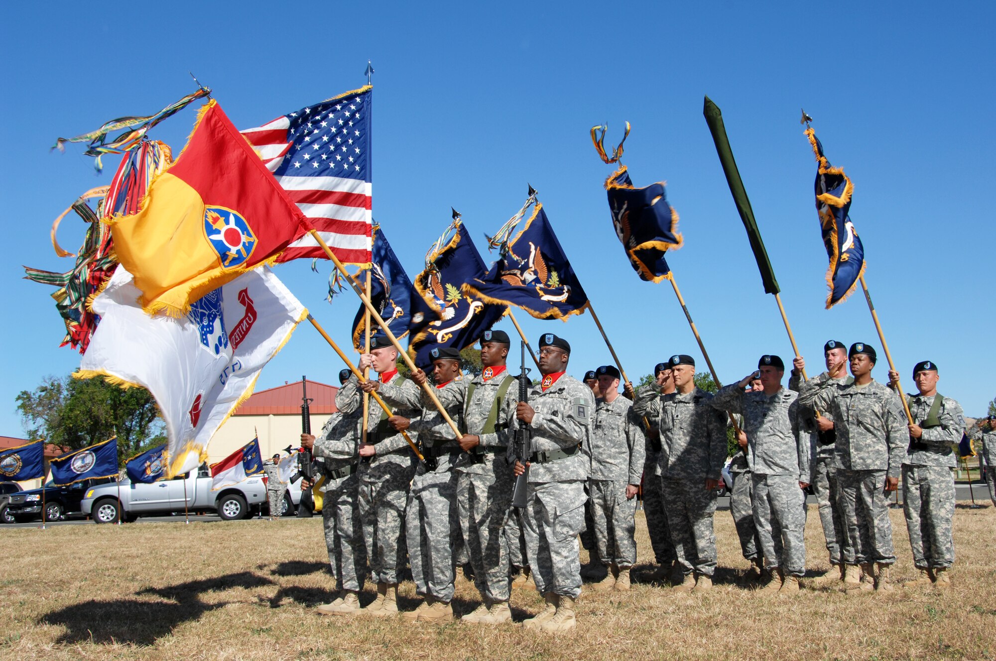 Soldiers from the 402nd Field Artillery Brigade present the Colors during the brigades Casing Ceremony at Travis Air Force Base, Calif. June 11.  (U.S. Air Force photo by Civ/Nan Wylie)

