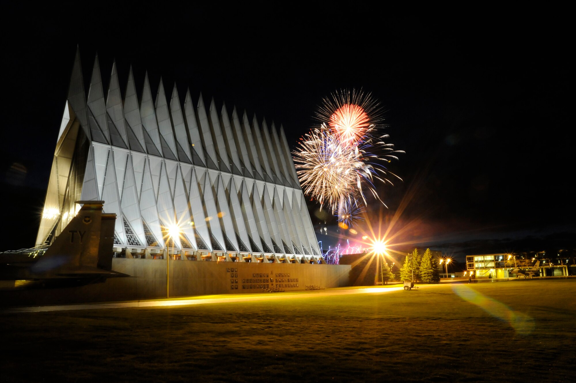 Fireworks explode over the Air Force Academy Cadet Chapel during the Independence Day fireworks show at the Air Force Academy July 4, 2009. (U.S. Air Force photo/J. Rachel Spencer)