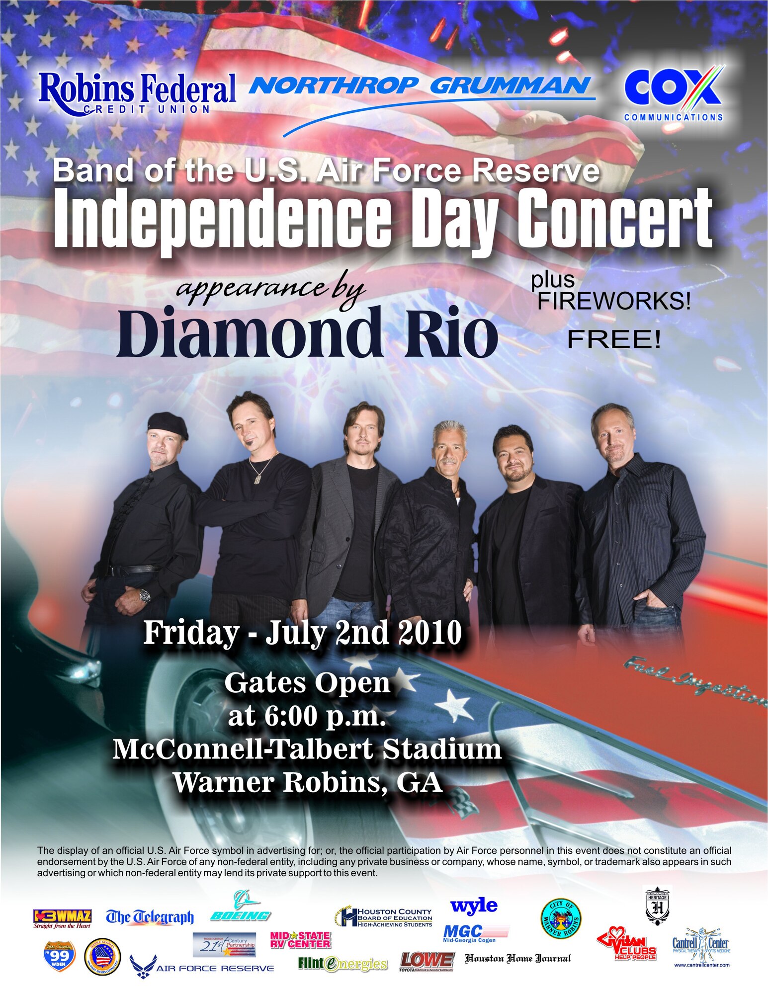 The Band of the U.S. Air Force Reserve teams up with the city of Warner Robins for this year's Independence Day Concert celebration July 2. The free concert is at the McConnell-Talbert Stadium, Warner Robins, Ga., and starts at 8 p.m. (U.S. Air Force graphic/Maureen Owen)
