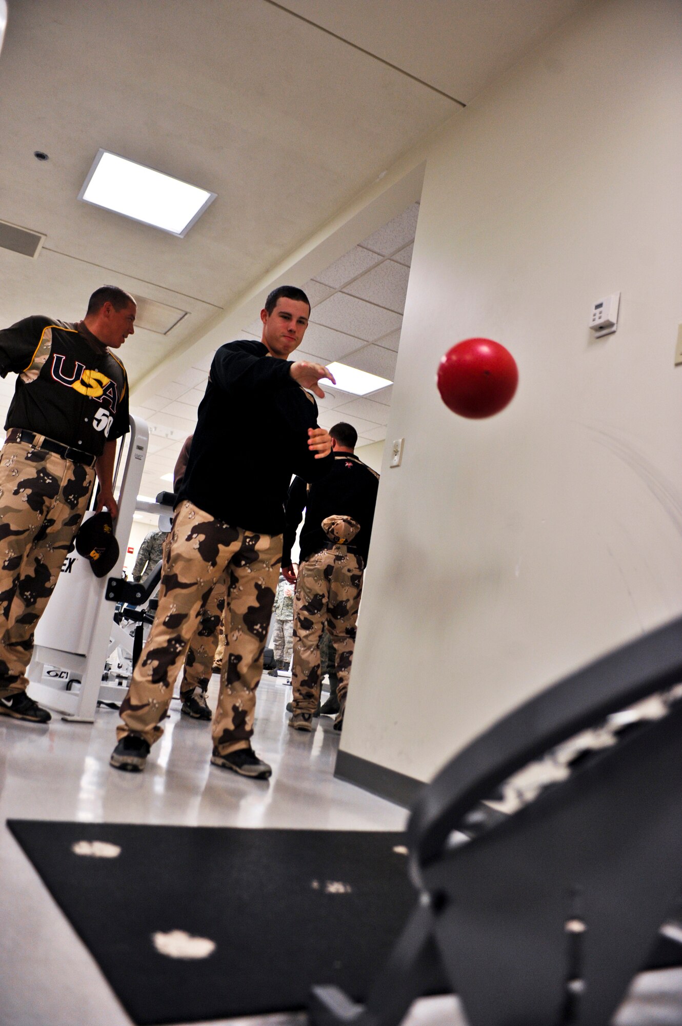 JOINT BASE ELMENDORF-RICHARDSON, Alaska – A Heroes of the Diamond member checks out a piece of equipment in the 3rd Medical Group’s rehabilitation clinic , June 18. While here on their 12-day baseball tour through several towns and cities in Alaska, the HOD took time to visit the 3rd MDG. (Air Force photo by Airman 1st Class Christopher Gross)