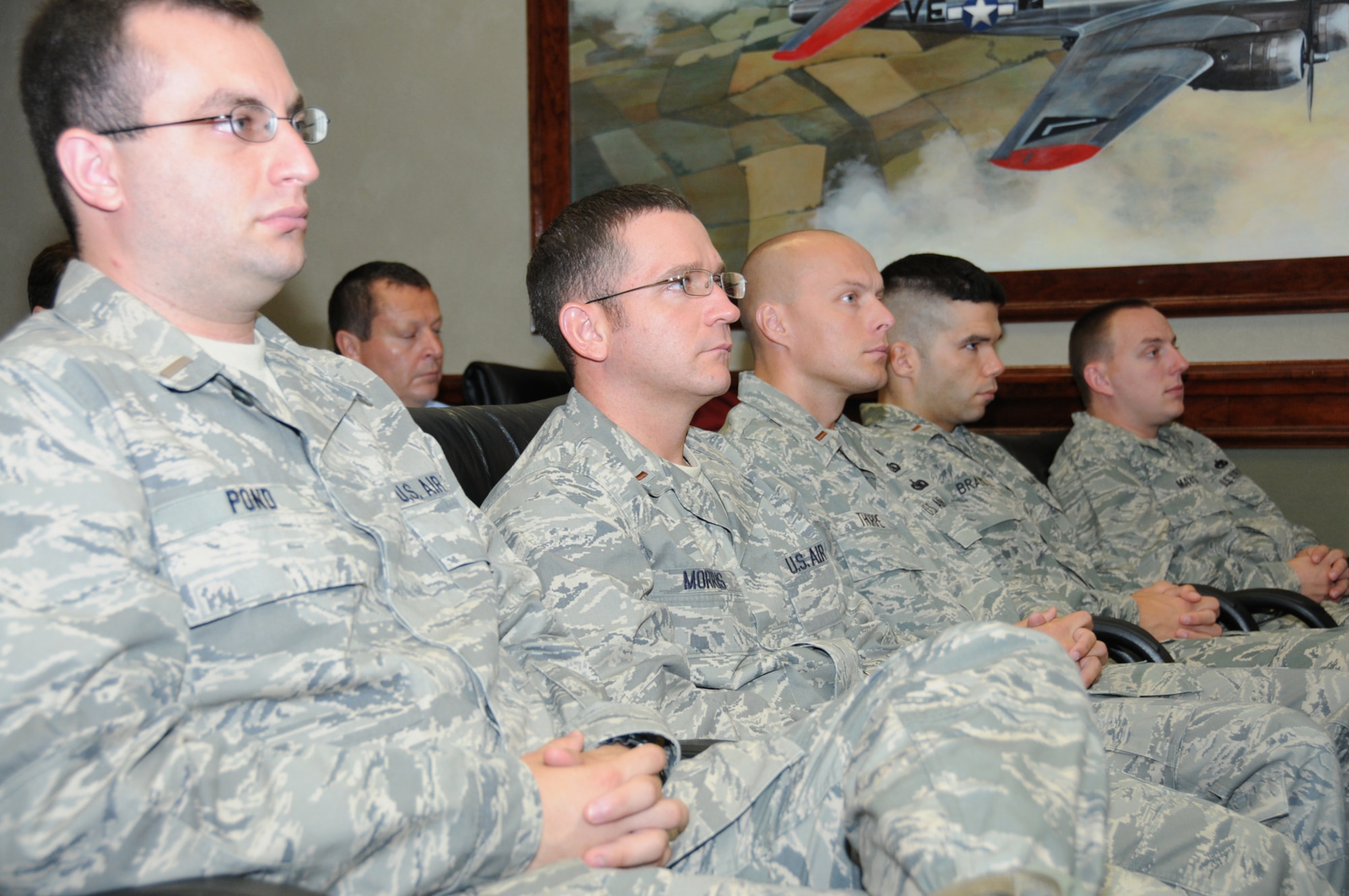 From left, 2nd Lts. Michael Pond, Mark Morris, Jefferson Thorpe, Lance Bramble and Robert Mayo are five of the 16 students in the first cyber training class that began Tuesday at Keesler.  (U.S. Air Force photo by Kemberly Groue)