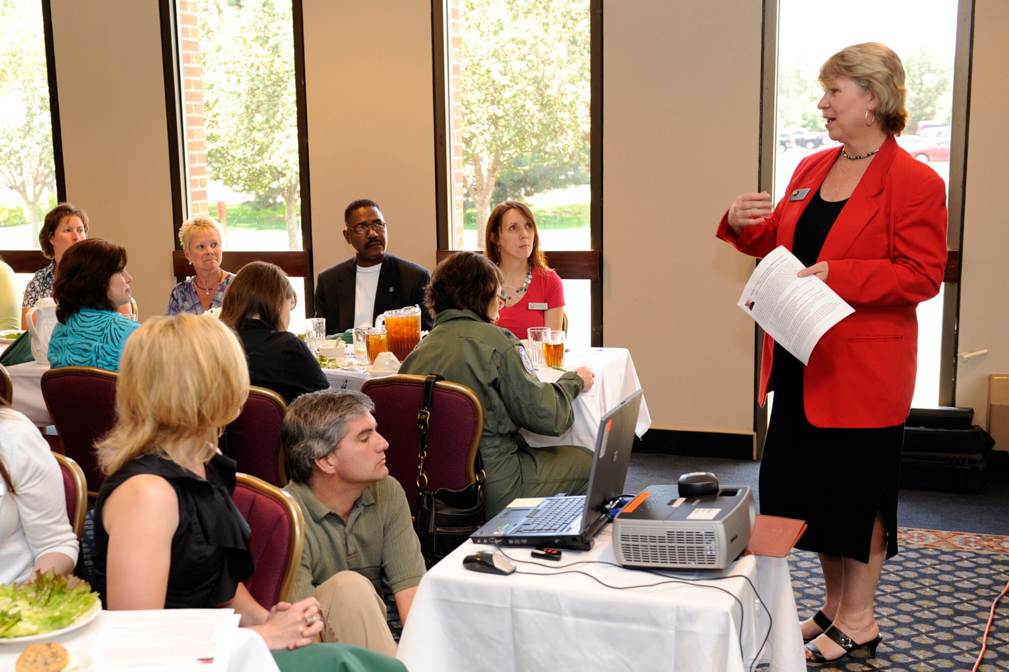 Marsha Looper, Colorado House of Representatives, District 19, addresses Airmen and family members June 16 at The Club. During a luncheon, Rep. Looper learned about the Key Spouse Program here, and discussed state issues and answered audience questions. (U.S. Air Force photo/Craig Denton) 
