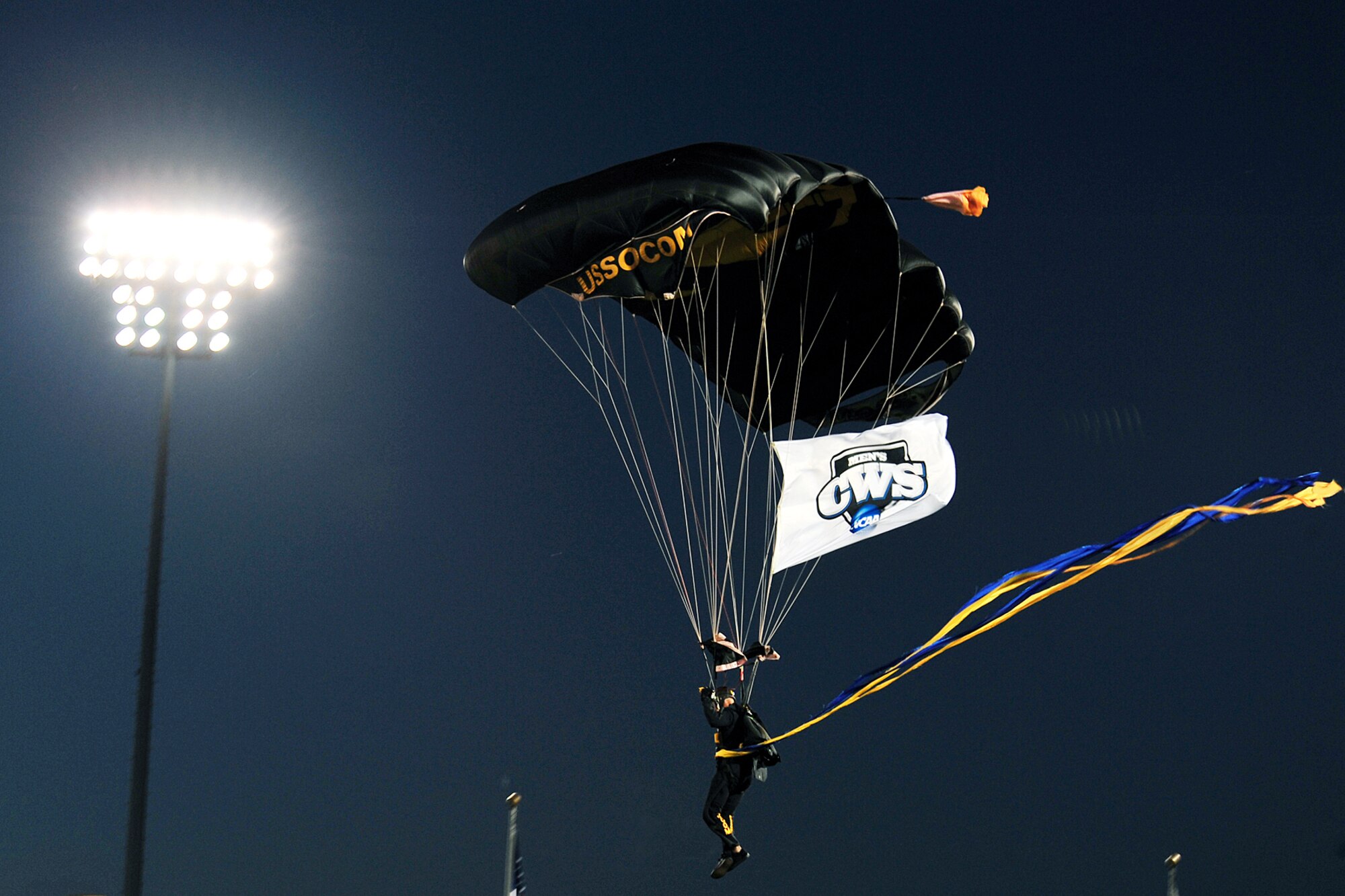 OFFUTT AIR FORCE BASE, Neb. - Army Lieutenant Col. Keith Walter, parachutist with the Golden Knights, lands in Rosenblatt Stadium in Omaha, Neb., during the opening ceremony of the College World Series June 18. This is the last year the College World Series will be held at Rosenblatt Stadium as a new stadium is currently under construction. 

U.S. Air Force Photo by charles haymond