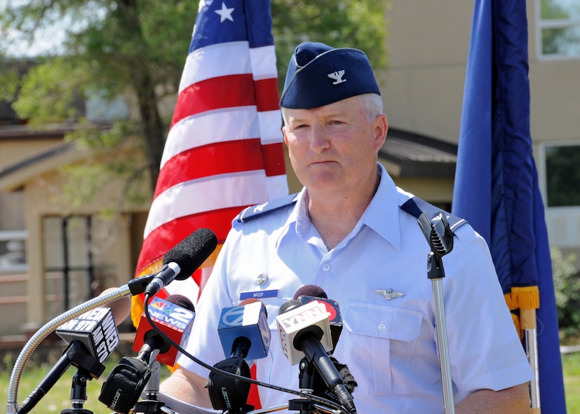 Col. Timothy McCoy 914th Airlift Wing Mission Support Group Commander speaking to the crowd at the CAC groundbreaking ceremony, June 21, 2010, Niagara Falls Air Reserve Station, Niagara Falls, NY.  At the conclusion of the groundbreaking ceremony refreshments provided by NIMAC where prepared and served by the 914th Services Squadron. (U.S. Air Force photo by Staff Sgt. Joseph McKee)