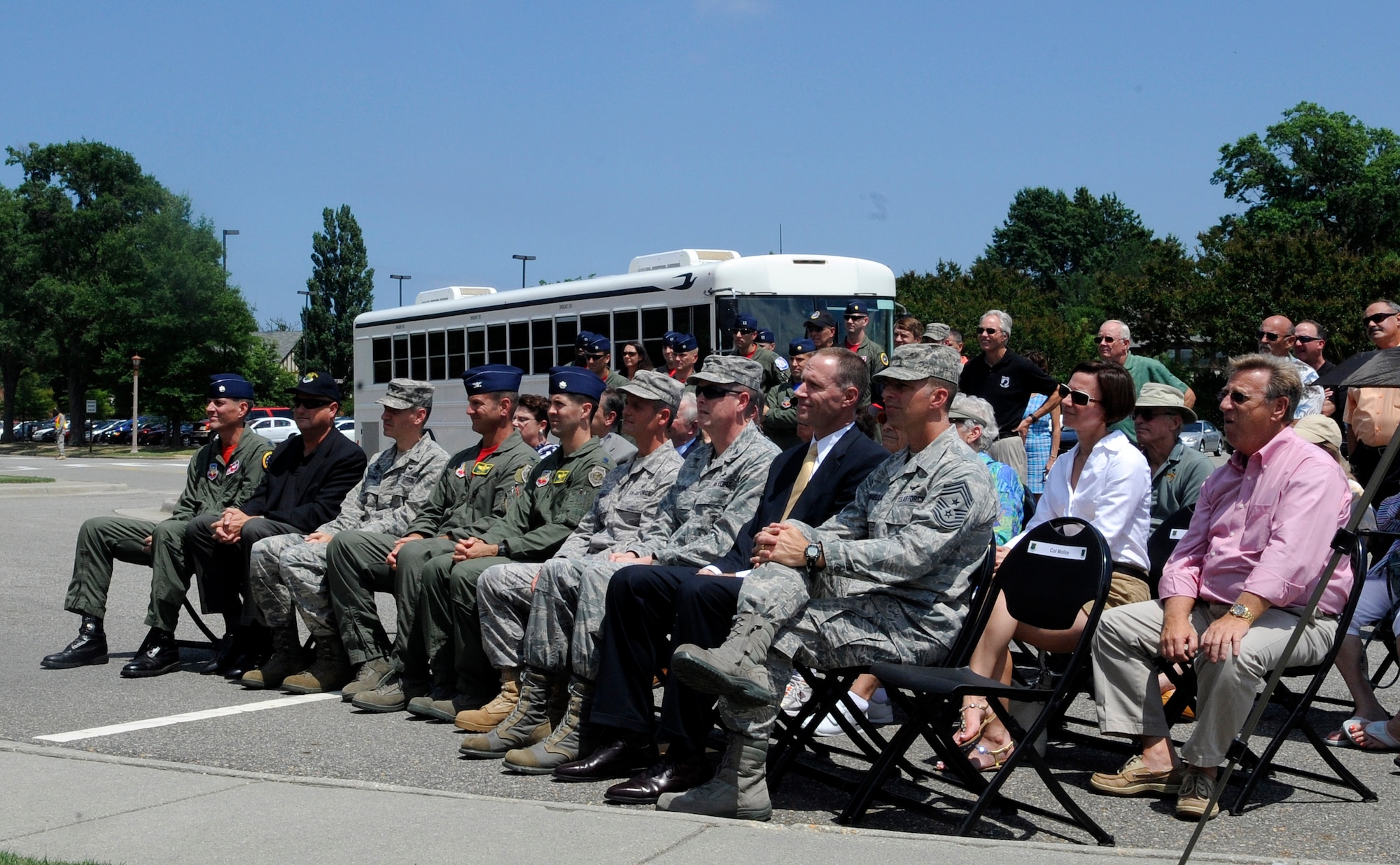 LANGLEY AIR FORCE BASE, Va. -- Team Langley members and guests listen as Col. Matt Molloy, 1st Fighter Wing commander, gives closing remarks during the Boeing Plaque ceremony at 1 FW headquarters June 18. The ceremony was one of the many festivities held to bid farewell to the Langley F-15 Eagles and the 71st Fighter Squadron. (U.S. Air Force photo/Senior Airman Dana Hill)