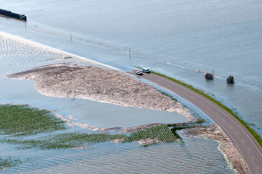 Flood water spreads through Northern Missouri in June of 2010, after weeks of heavy rains and massive storms. Mo. Governor Jay Nixon declared a state of emergency on June 21, 2010 and has been traveling north to survey the effected towns and provide assistance where needed. (U.S. Air Force photo by Master Sgt. Shannon Bond/Released)
