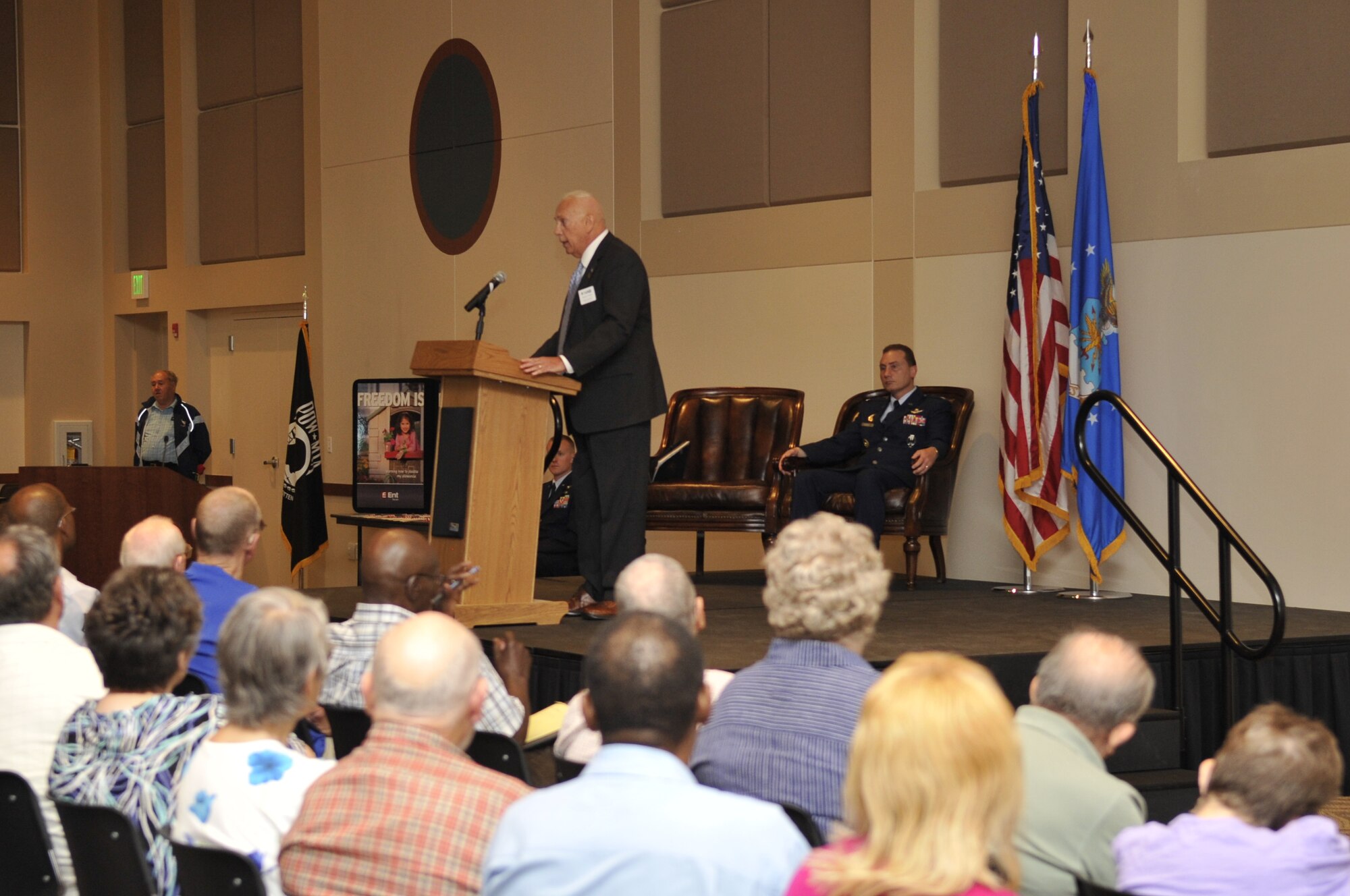 BUCKLEY AIR FORCE BASE, Colo. --  Retired Maj. Gen. William Matz, National Association for Uniformed Services president, speaks to local area military retirees for Retiree Appreciation Day here June 19. Buckley support agencies were on hand to address retiree concerns, prepare and process wills as well as renew identification cards. (U.S. Air Force photo by Airman 1st Class Paul Labbe)