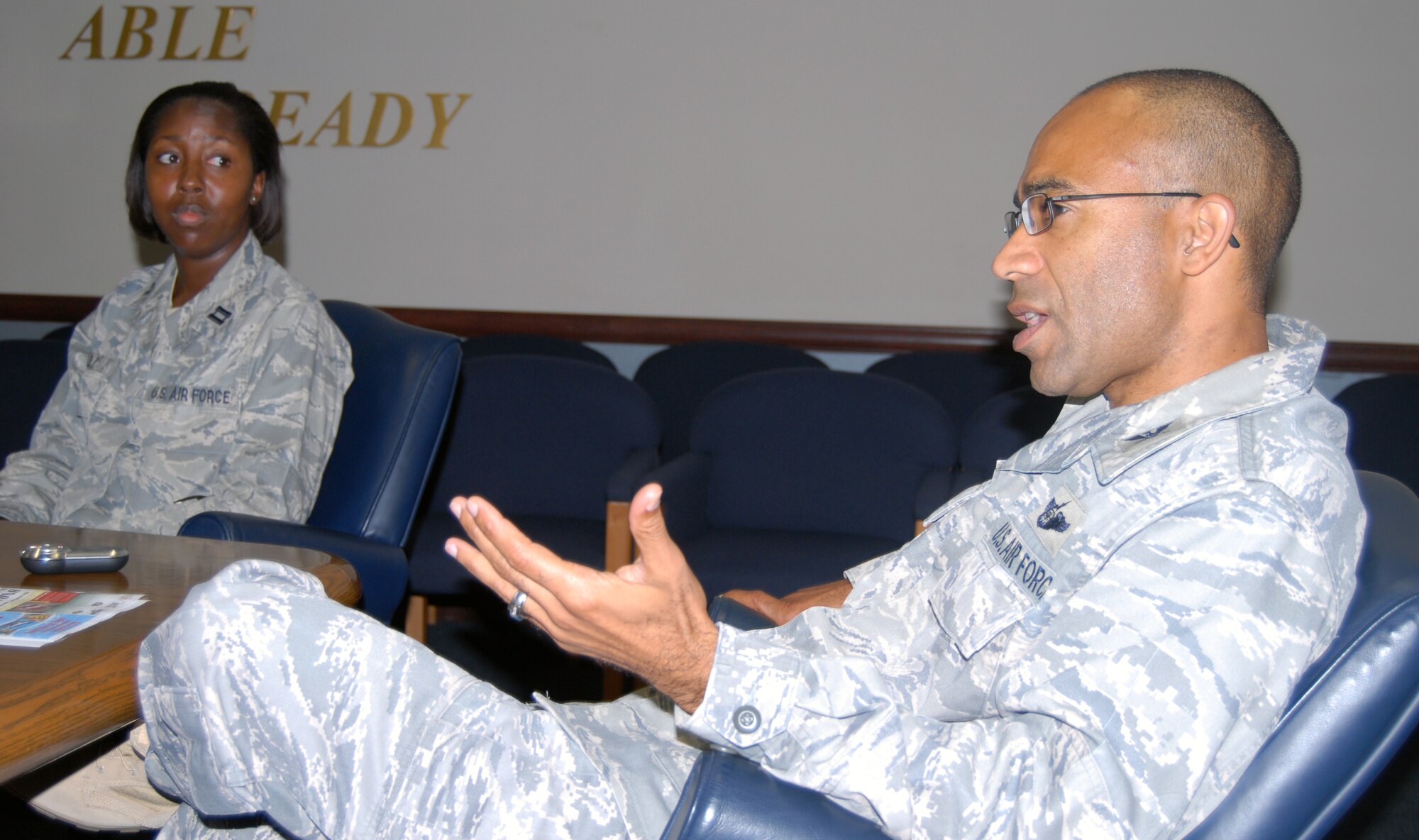 Col. James Johnson, 43rd Airlift Wing commander, discusses leadership with cadets from the United States Air Force Academy, here to participate in Operation Air Force, June 22. Operation Air Force is a three-week summer program designed to expose cadets to a real-world Air Force base environment.  (U.S. Air Force photo/1st Lt. Cammie Quinn)