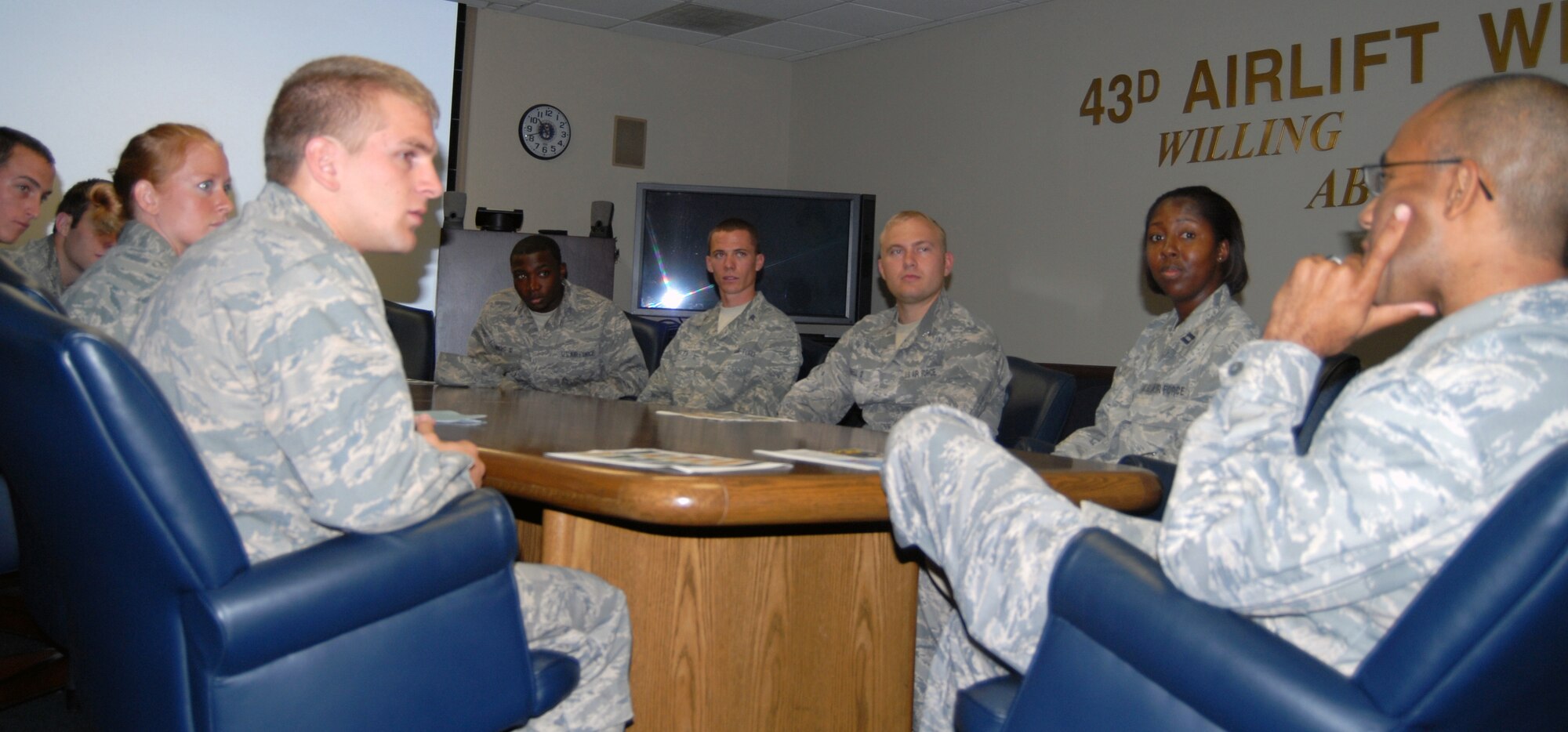 Col. James Johnson, 43rd Airlift Wing commander, discusses leadership, career paths and shares insights with cadets from the United States Air Force Academy June 22. Cadets from the U.S. Air Force Academy and Reserve Officer Training Corps are visiting Pope to gain an appreciation of how operations and support functions integrate to successful accomplish a wing mission. (U.S. Air Force photo/1st Lt. Cammie Quinn) 