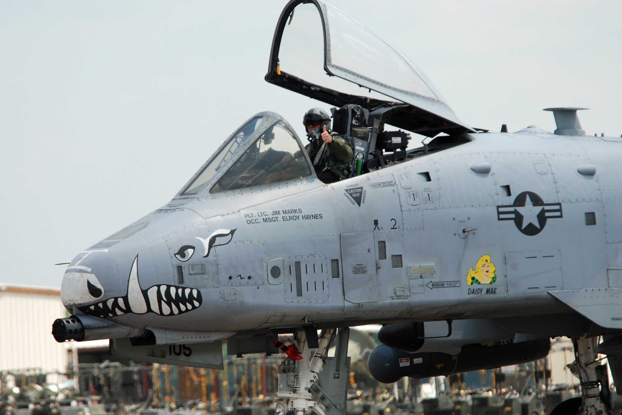 Lt. Col. James “Mace” Macaulay, deputy commander, 917th Operations Group, gives thumbs up as he taxis an A-10 Thunderbolt II to its parking spot after returning from a sortie that pushed him over the 5000 flying hours mark in a “Warthog” at Barksdale Air Force Base, La., June 21, 2010. (U.S. Air Force photo/Master Sgt. Greg Steele)

