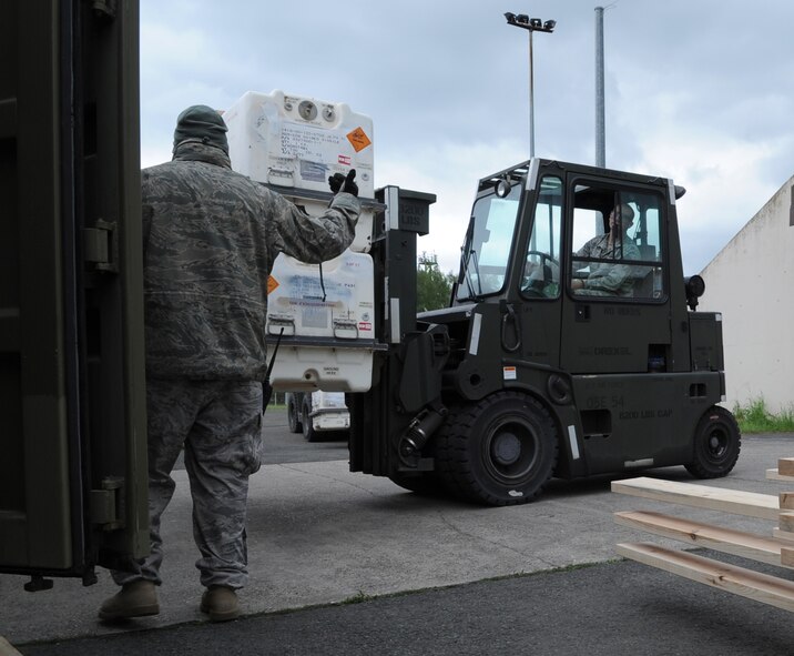 U.S. Air Force Staff Sgt. James Wylie, 86th Munitions Squadron storage crew chief, guides in a forklift operator carrying munitions to a cargo trailer, Ramstein Air Base, Germany, May 18, 2010. The 86th MUNS prepared a shipment of numerous international shipping containers as part of an exercise called Turbo Containerized Ammunition Distribution System, or TURBOCADS 2010. (U.S. Air Force photo by Airman 1st Class Caleb Pierce)