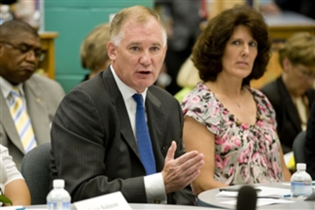 Deputy Secretary of Defense William J. Lynn III speaks during a meeting at the Fort Belvoir Elementary School, Va., on June 22, 2010.  Lynn, Secretary of Education Arne Duncan, Jill Biden, wife of Vice President Joe Biden, Army Chief of Staff Gen. George W. Casey Jr. and others visited the school to attend a round table meeting with military members and spouses to discuss the challenges impacting military children and military families.  