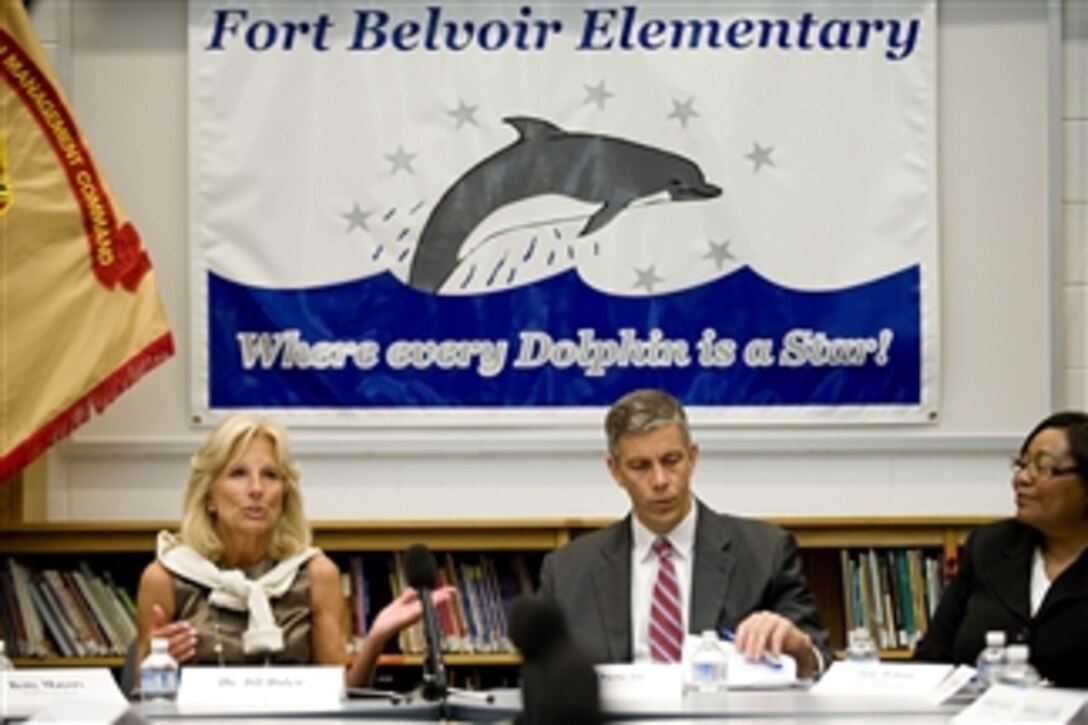 Jill Biden, wife of Vice President Joe Biden (left), Secretary of Education Arne Duncan (2nd from right) and Fort Belvoir Elementary School Principal Jane Wilson (right) attend a meeting with military members and spouses to discuss the challenges impacting military children and military families during a roundtable discussion at Fort Belvoir Elementary School, Va., on June 22, 2010.  Other attendees of the meeting included Deputy Secretary of Defense William J. Lynn III, Army Chief of Staff Gen. George W. Casey Jr. and his wife Sheila and Congressman Jim Moran.  